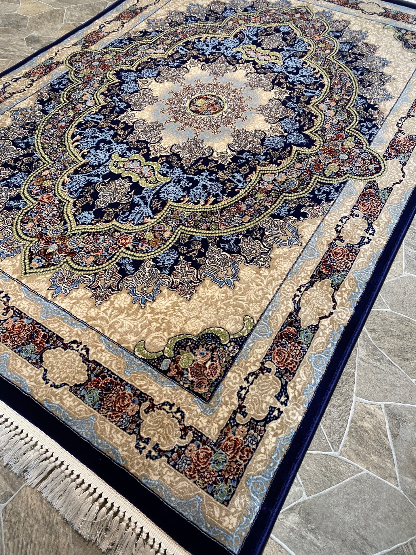 ‌Navy Isfahan Persian Design High Quality Machine Made Carpet #3008