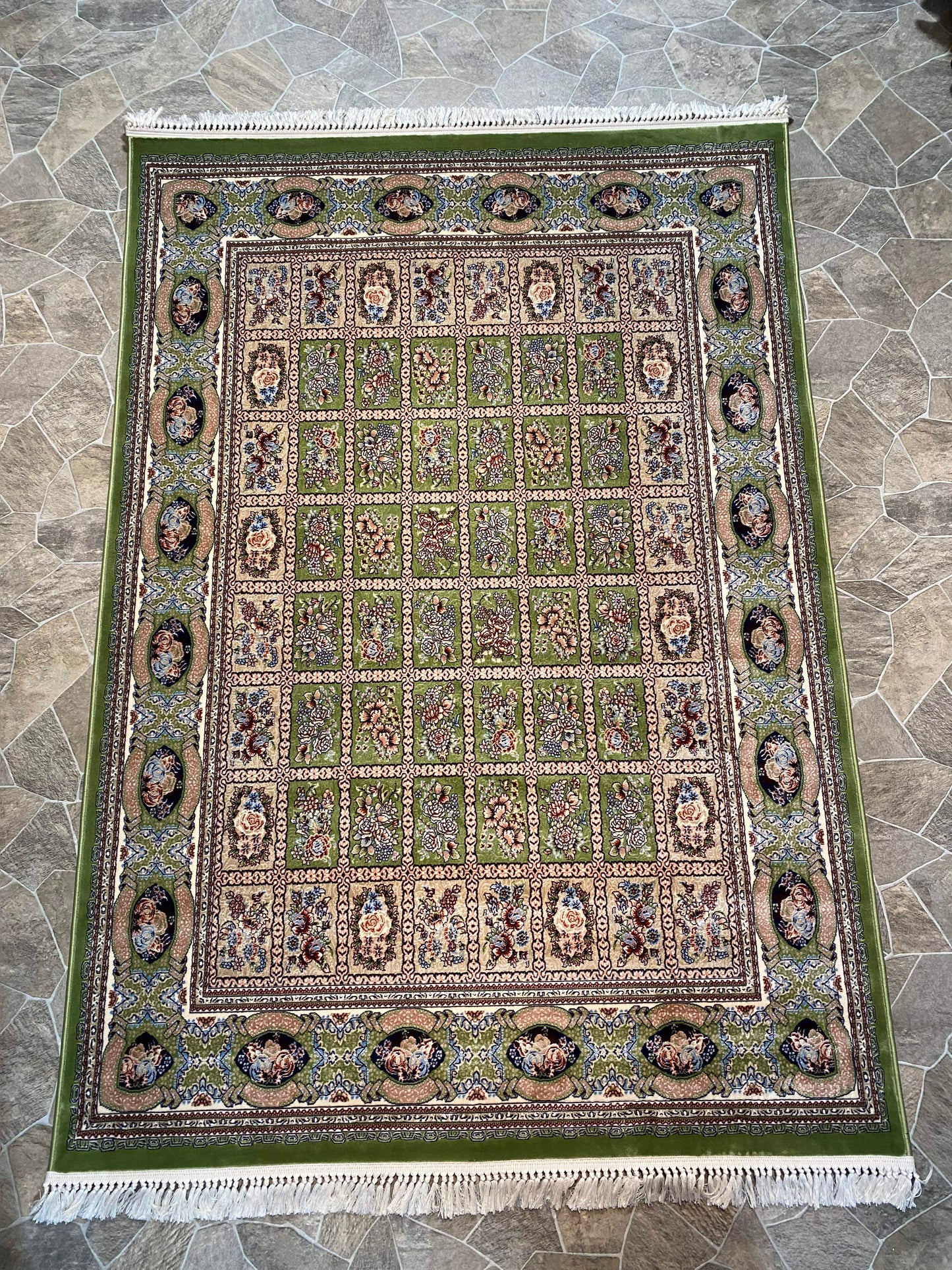 ‌Green Isfahan Persian Design High Quality Machine Made Carpet #3009