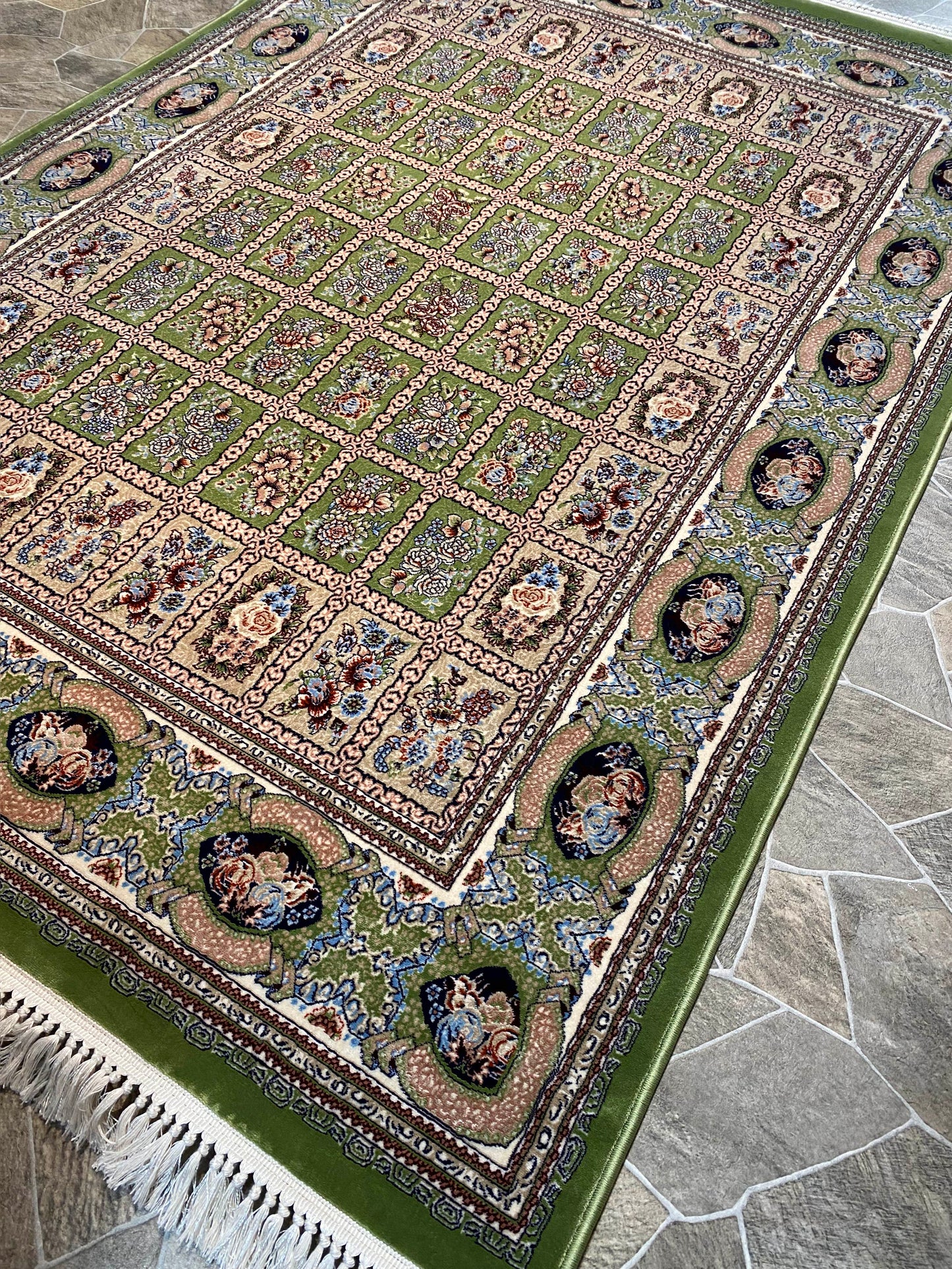 ‌Green Isfahan Persian Design High Quality Machine Made Carpet #3009