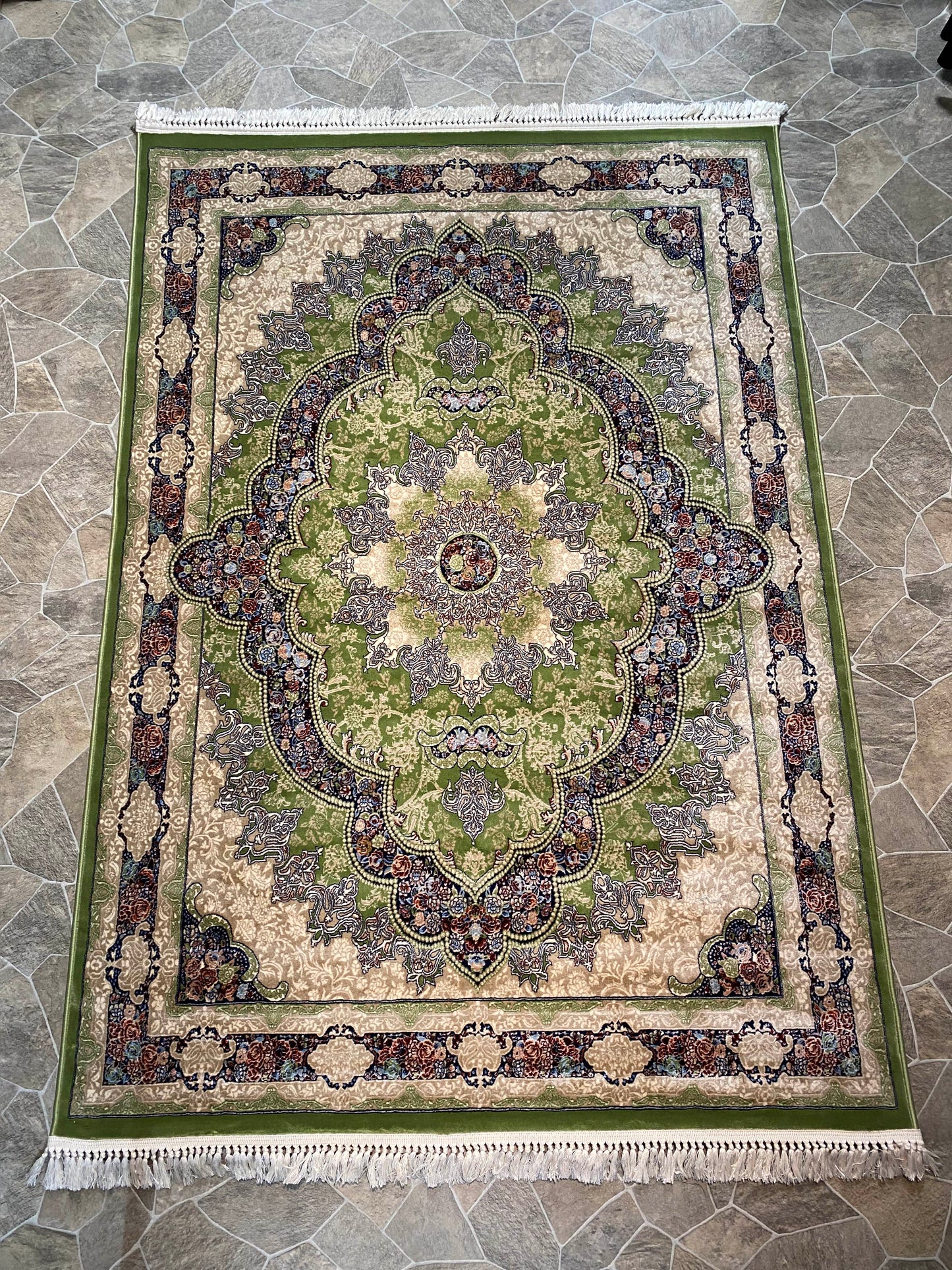 ‌Green Isfahan Persian Design High Quality Machine Made Carpet #3010