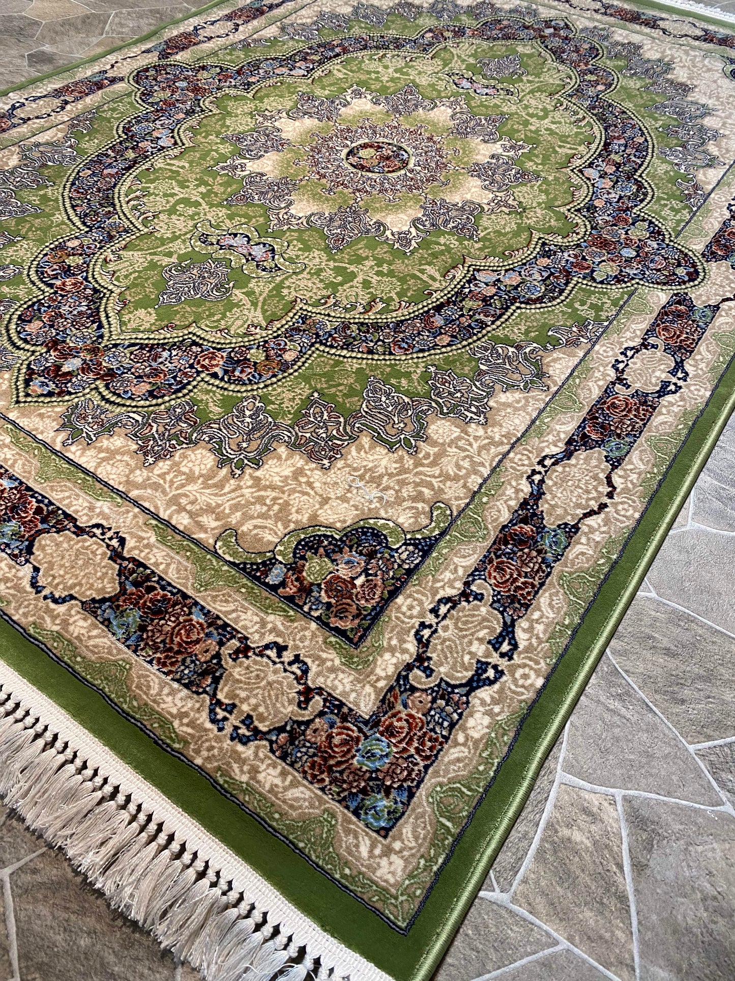 ‌Green Isfahan Persian Design High Quality Machine Made Carpet #3010