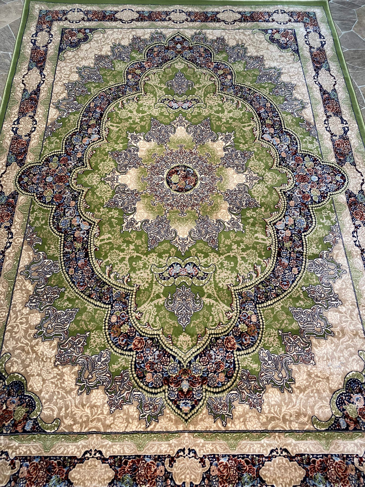 ‌Green Isfahan Persian Design High Quality Machine Made Carpet #3010