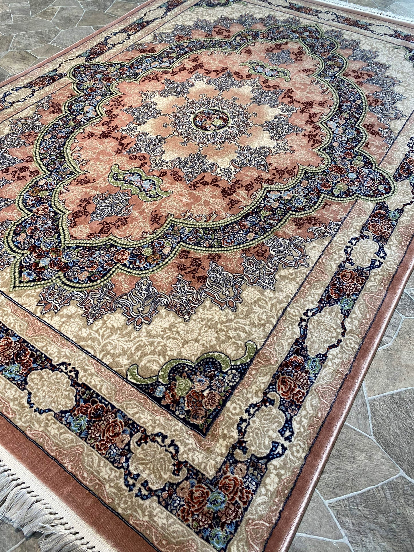 ‌Light Pink Isfahan Persian Design High Quality Machine Made Carpet #3011