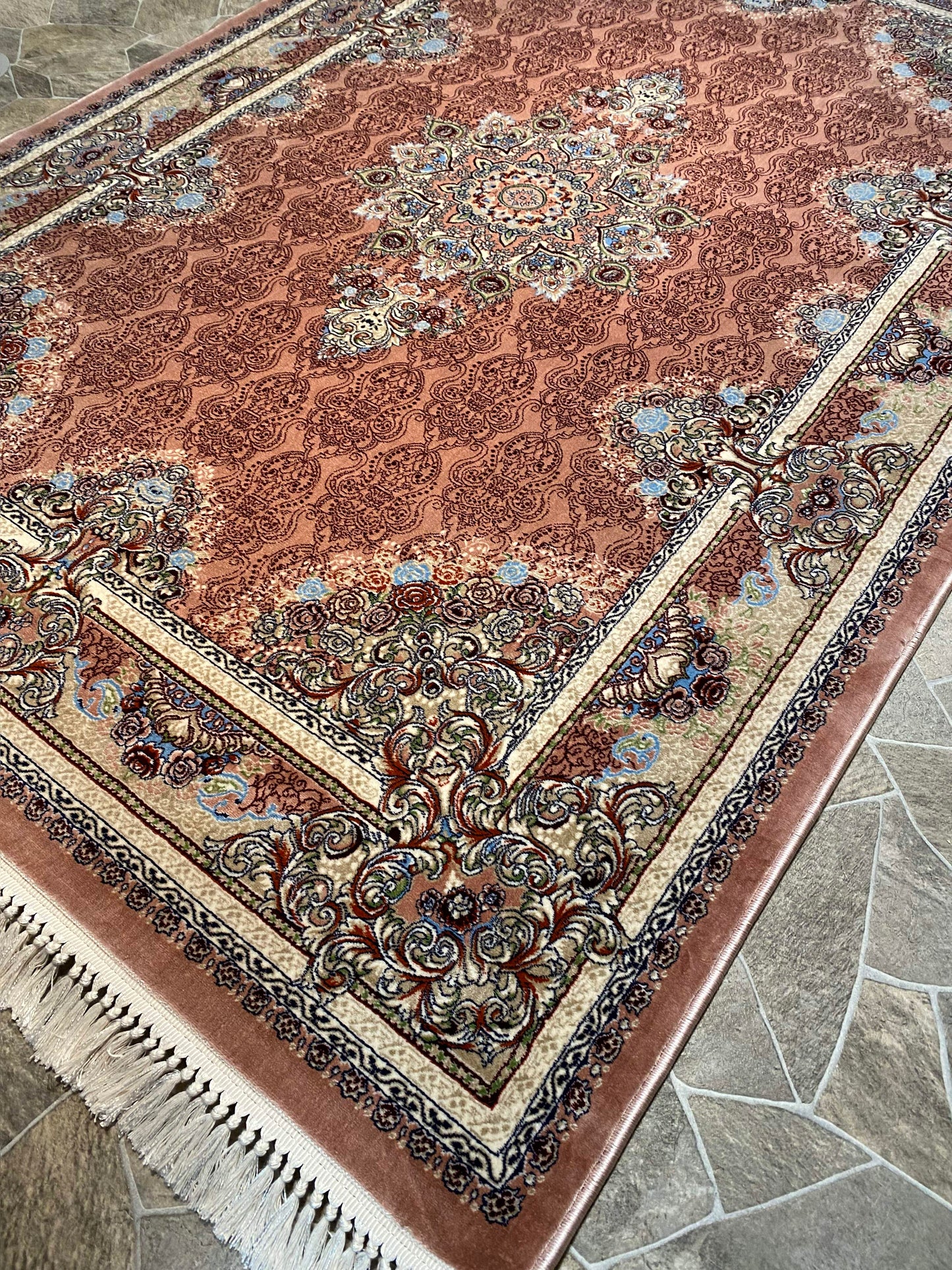 ‌Light Pink Isfahan Persian Design High Quality Machine Made Carpet #3012