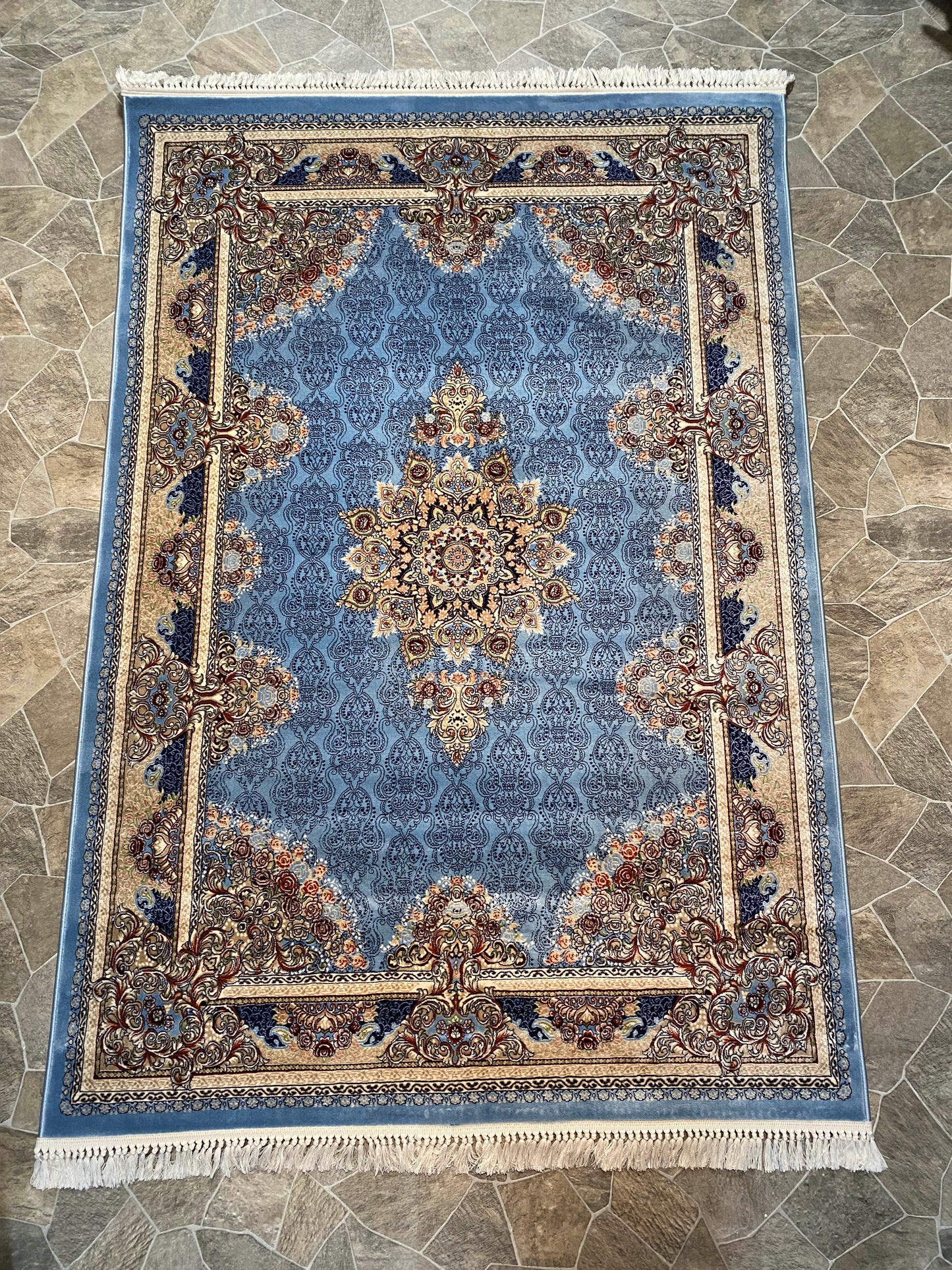 ‌Sky Blue Isfahan Persian Design High Quality Machine Made Carpet #3014