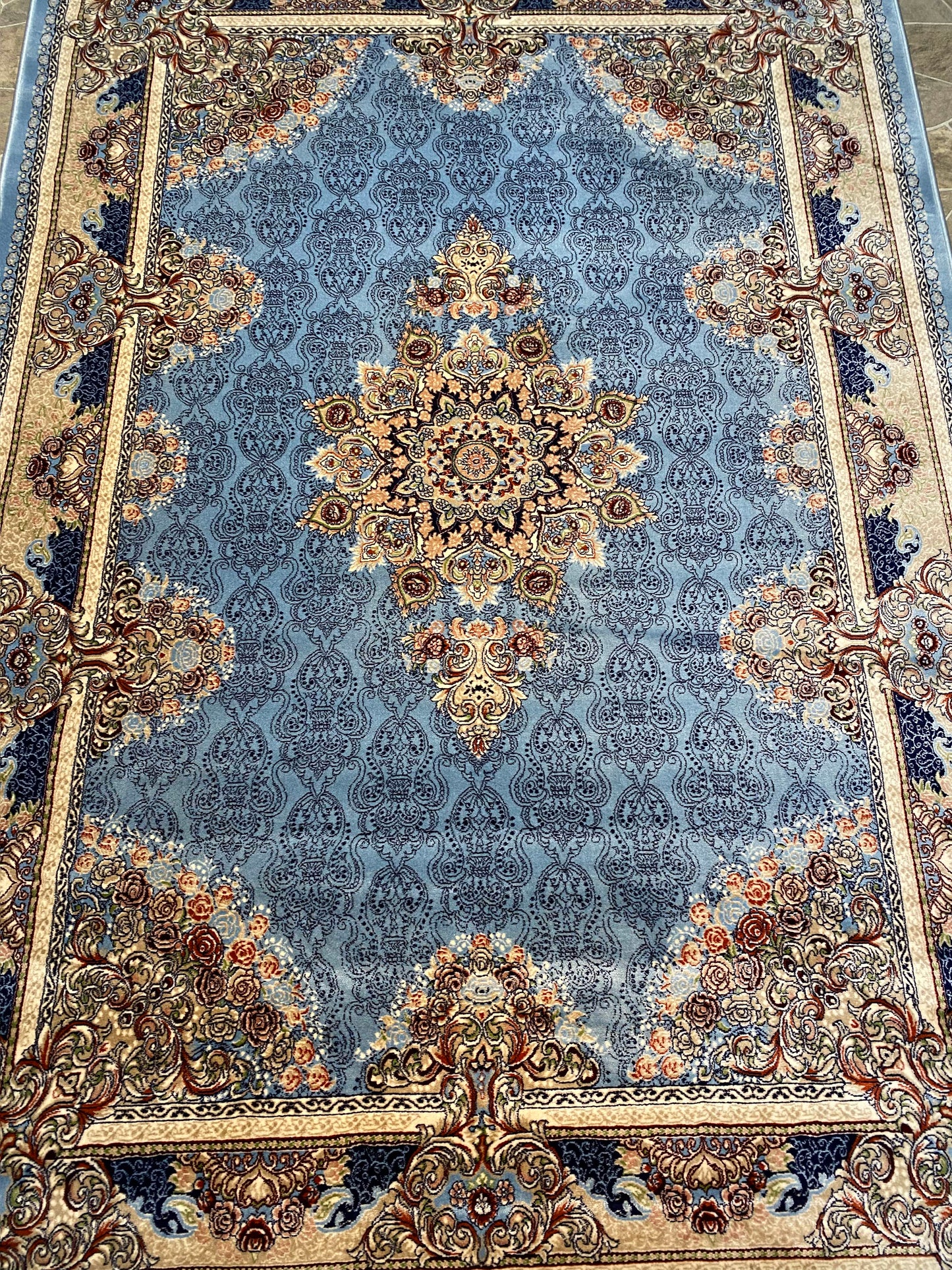 ‌Sky Blue Isfahan Persian Design High Quality Machine Made Carpet #3014