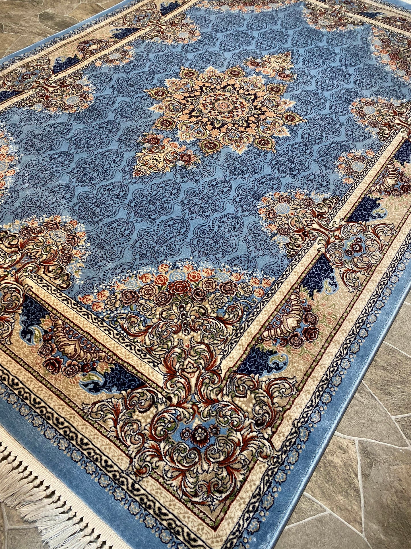 ‌Sky Blue Isfahan Persian Design High Quality Machine Made Carpet #3014