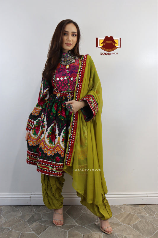 Black Color Gand E Afghani Gul Nigar Handmade Cotton Afghani Dress #2039
