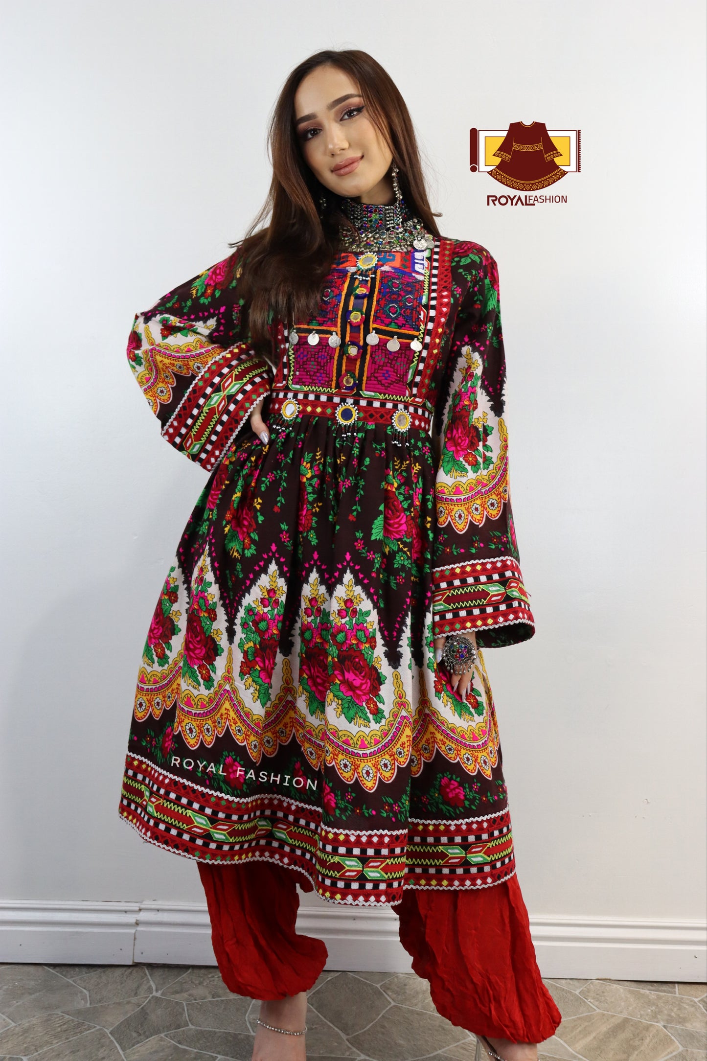 Brown Color Gand E Afghani Gul Nigar Handmade Cotton Afghani Dress #2041