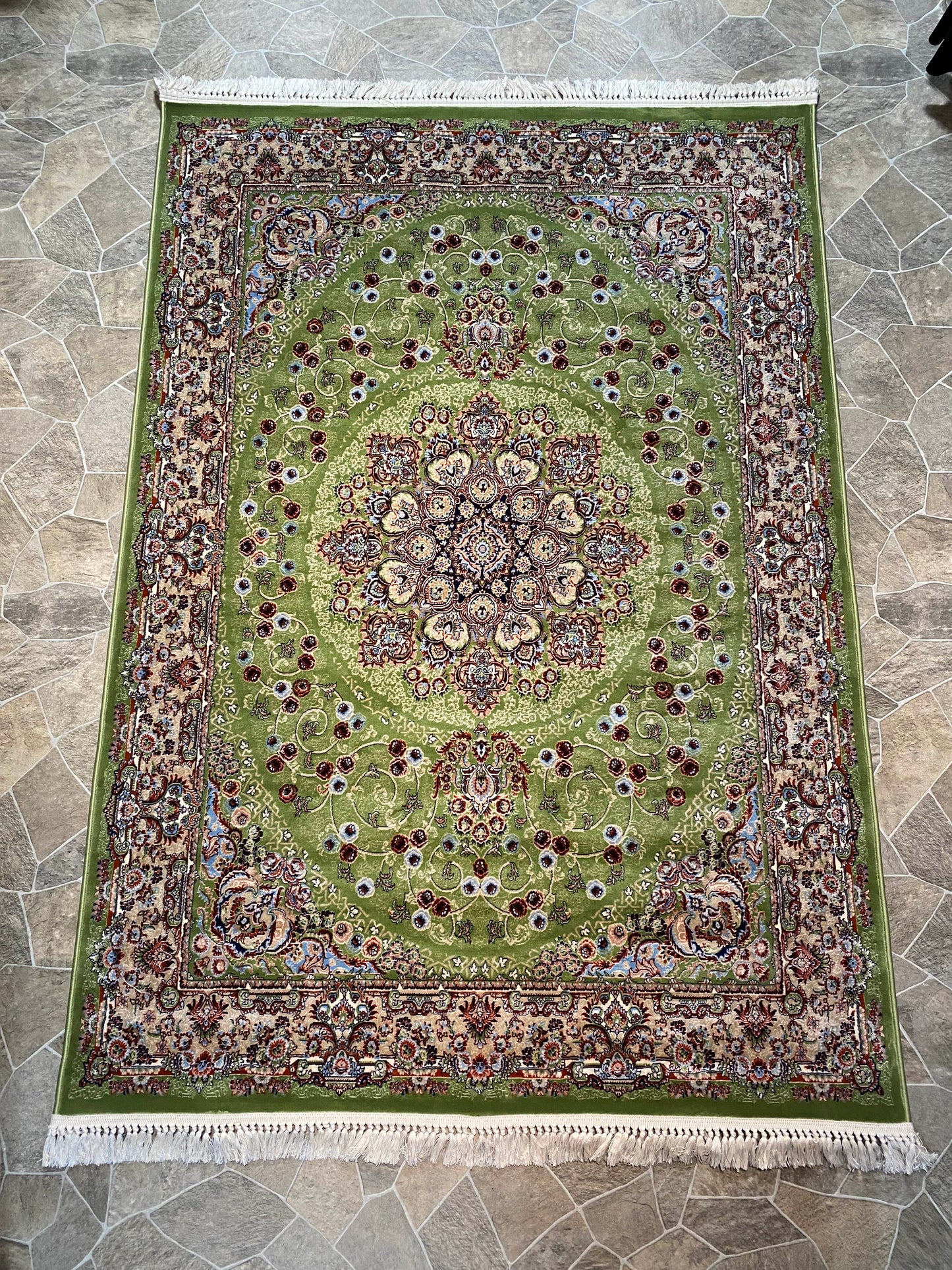 Green Isfahan Persian Design High Quality Machine Made Carpet #3019