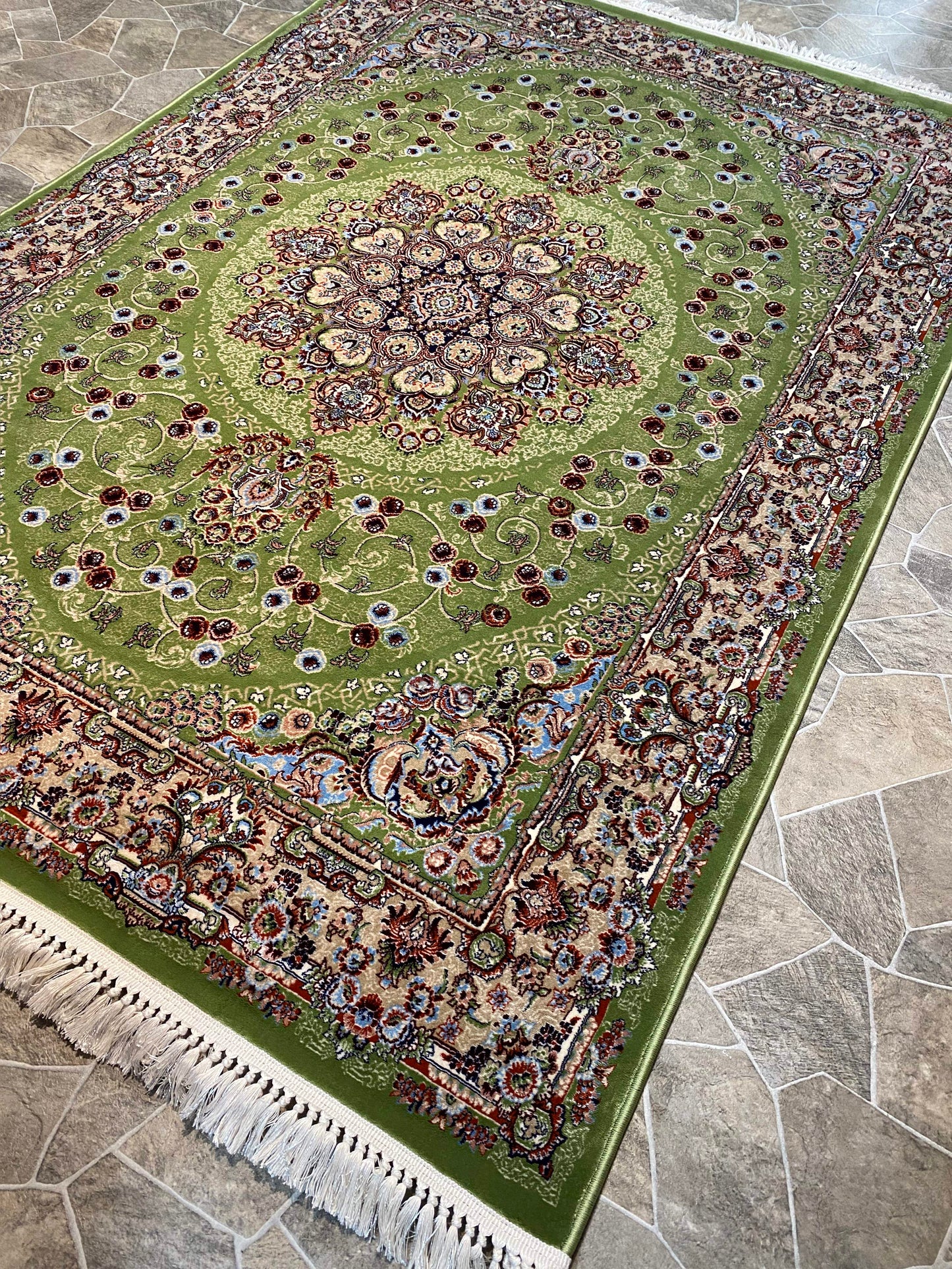 Green Isfahan Persian Design High Quality Machine Made Carpet #3019