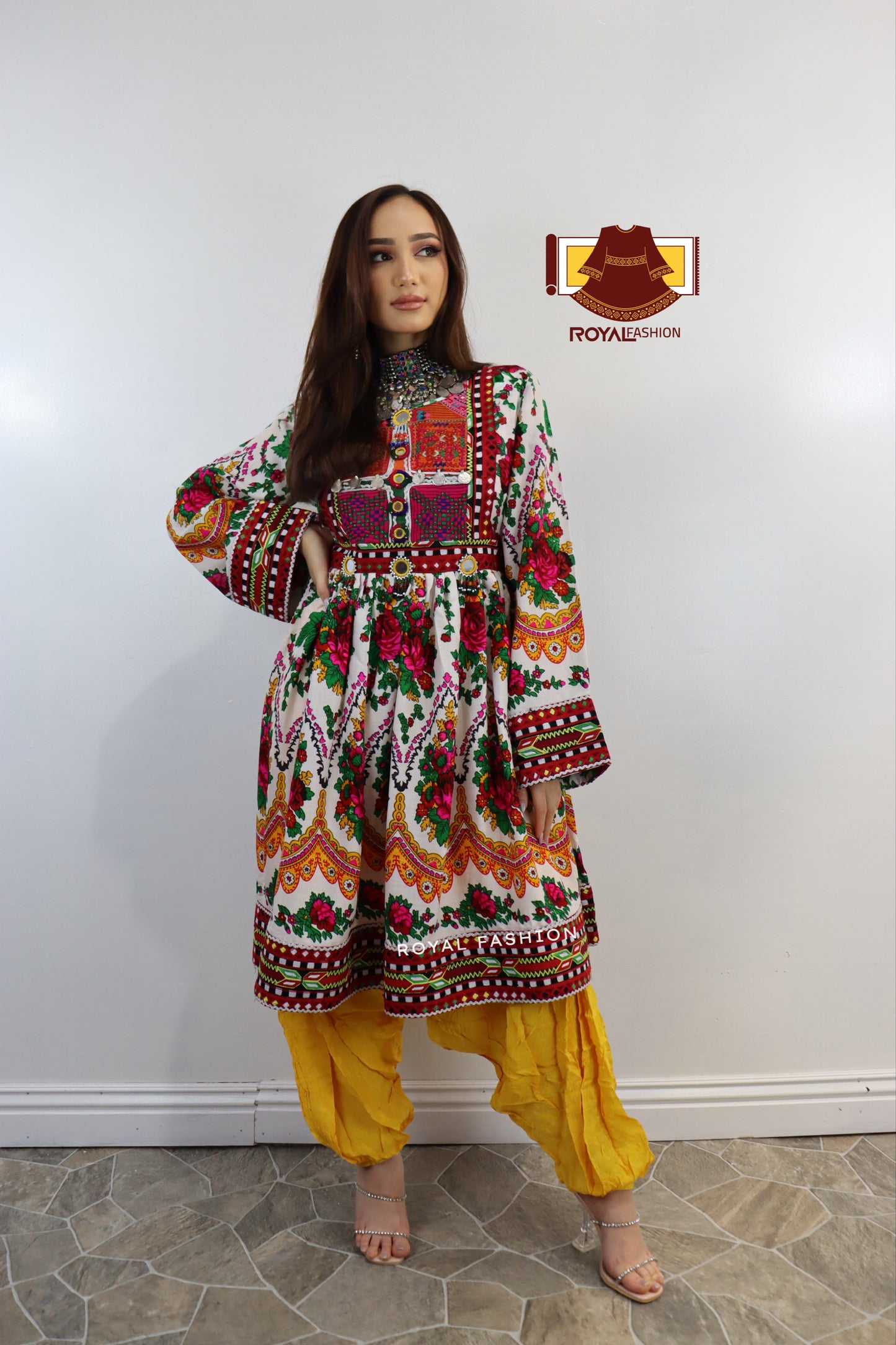 White Color Gand E Afghani Gul Nigar Handmade Cotton Afghani Dress #2038