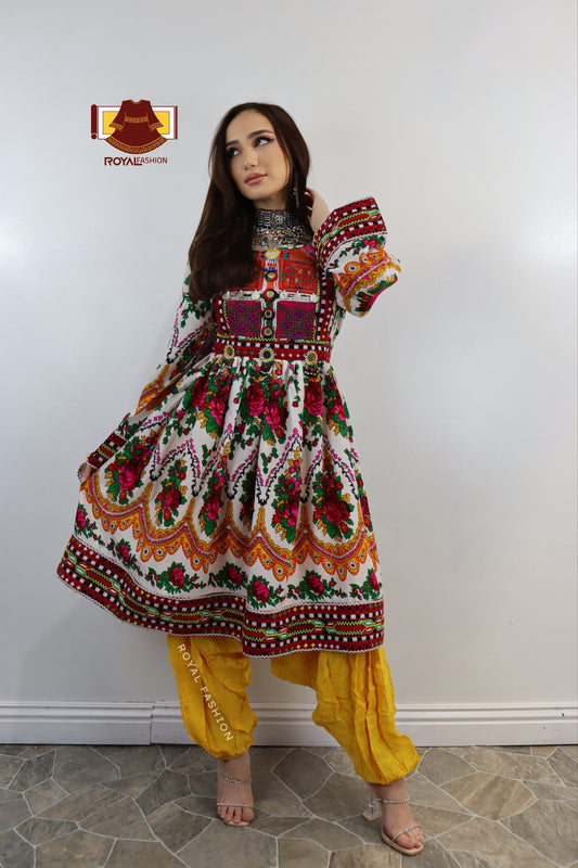 White Color Gand E Afghani Gul Nigar Handmade Cotton Afghani Dress #2038