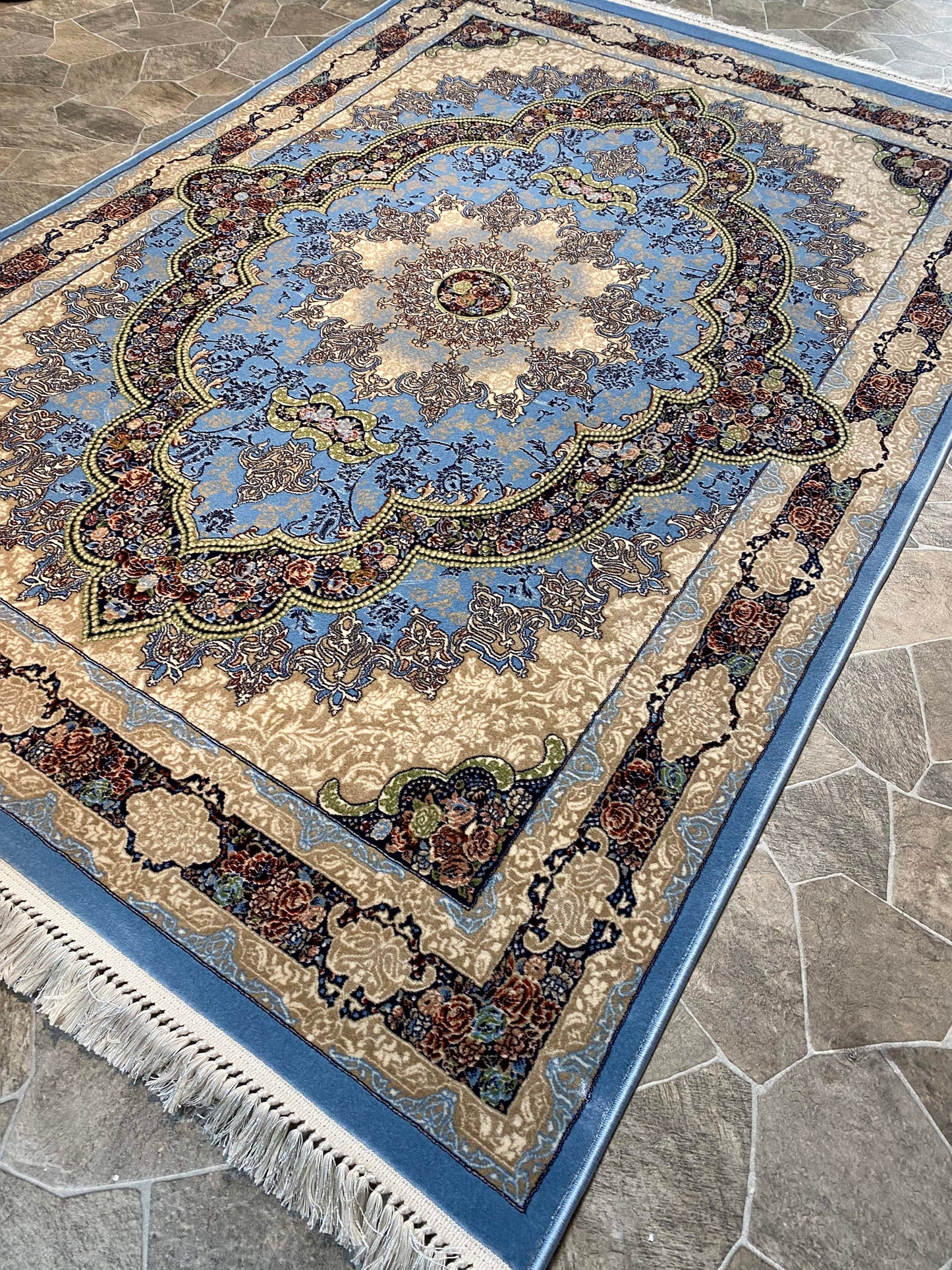 Sky Blue Isfahan Persian Design High Quality Machine Made Carpet #3020