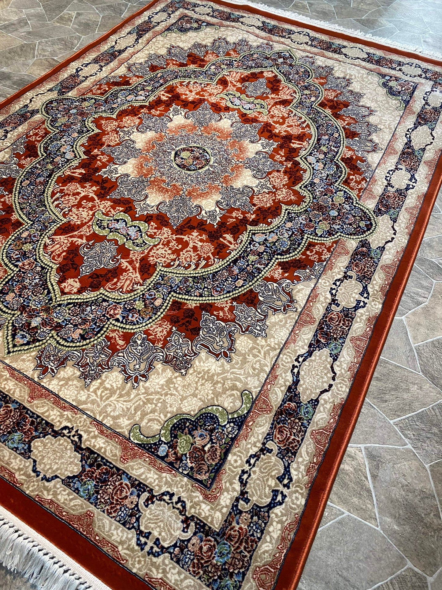 Orange Isfahan Persian Design High Quality Machine Made Carpet #3021