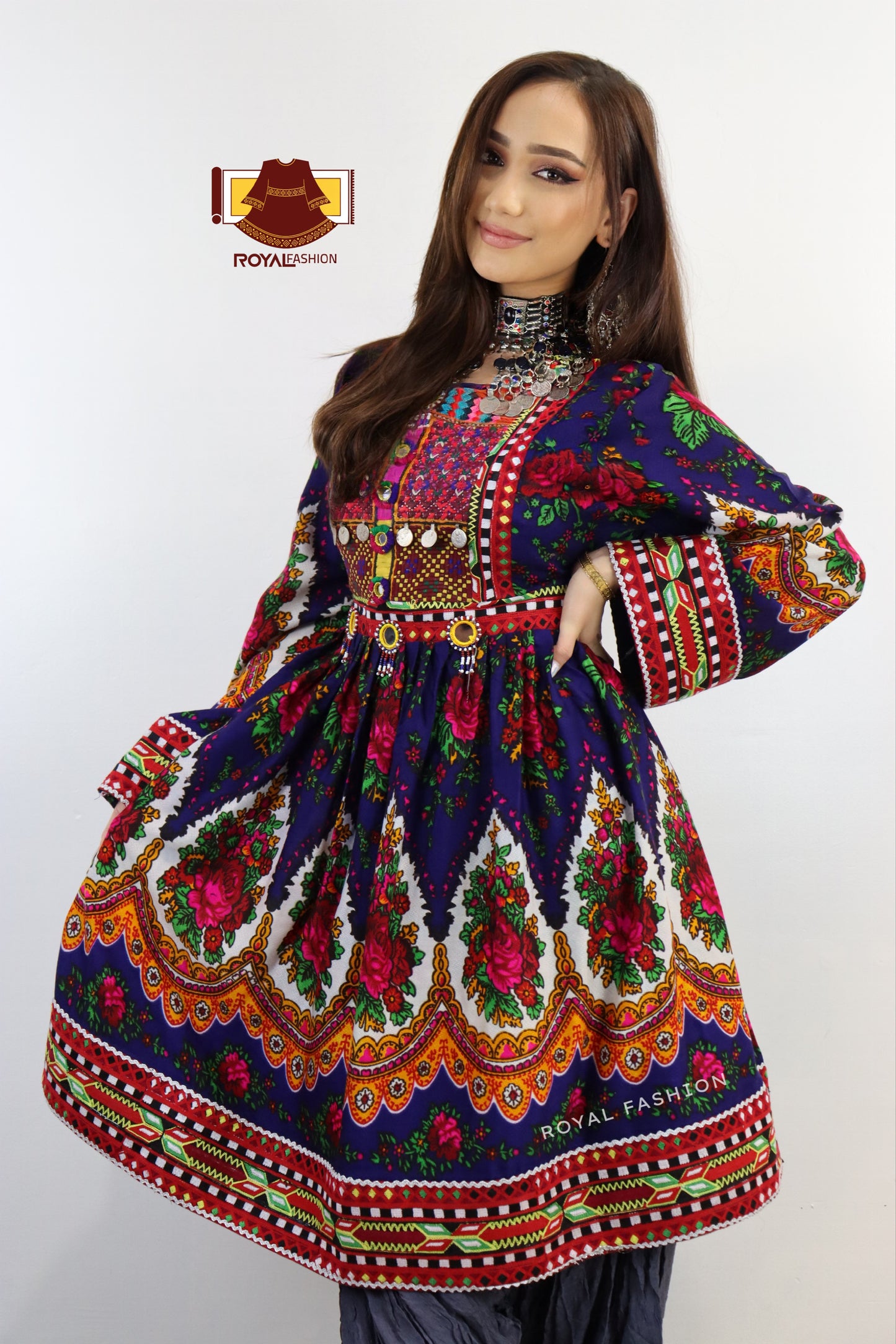 Navy Color Gand E Afghani Gul Nigar Handmade Cotton Afghani Dress #2042