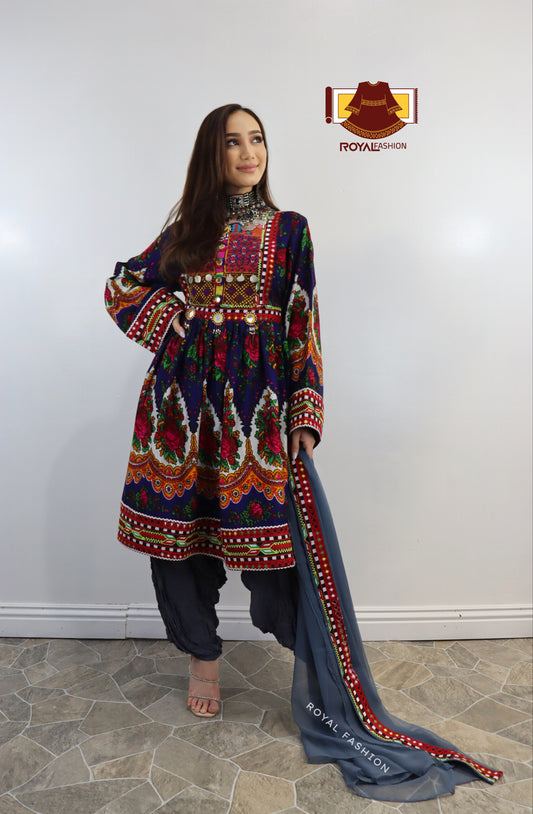 Navy Color Gand E Afghani Gul Nigar Handmade Cotton Afghani Dress #2042