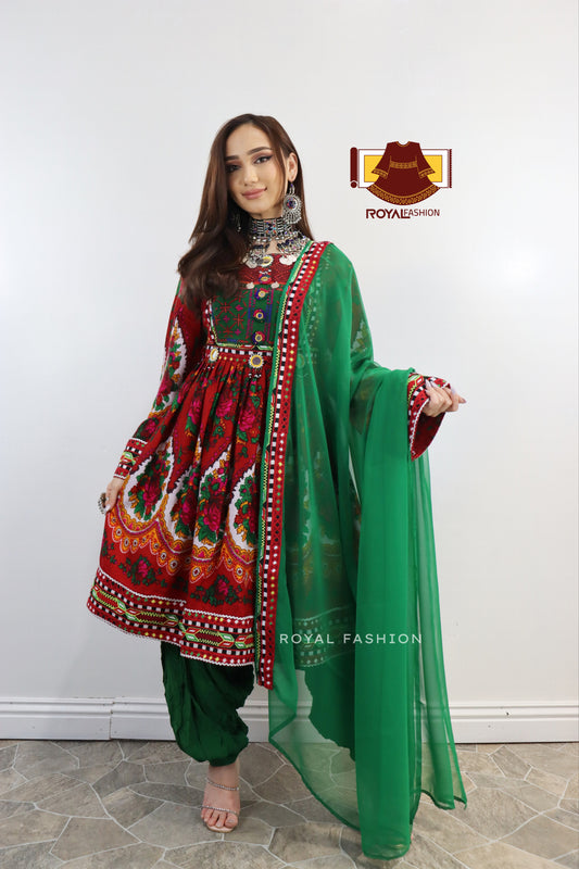 Red Color Gand E Afghani Gul Nigar Handmade Cotton Afghani Dress #2043