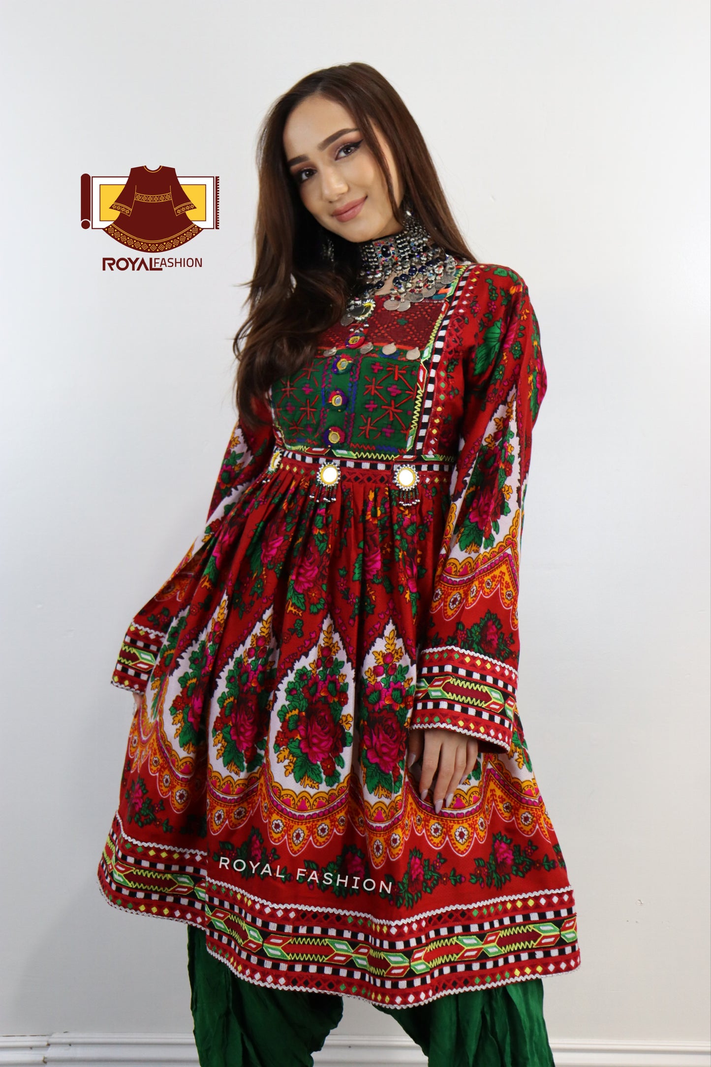 Red Color Gand E Afghani Gul Nigar Handmade Cotton Afghani Dress #2043