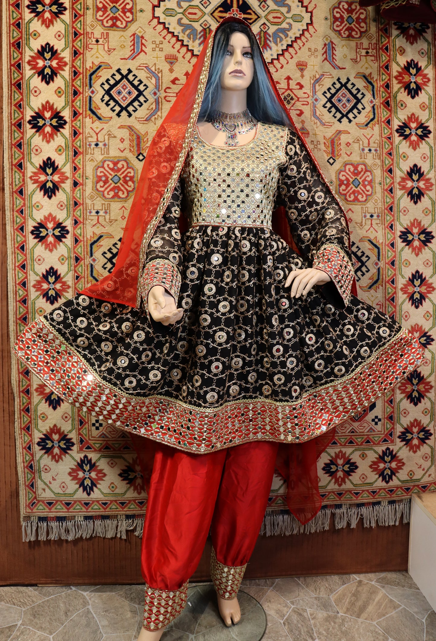 Black Gold and Red Jarjet New Women Afghan Dress #2030