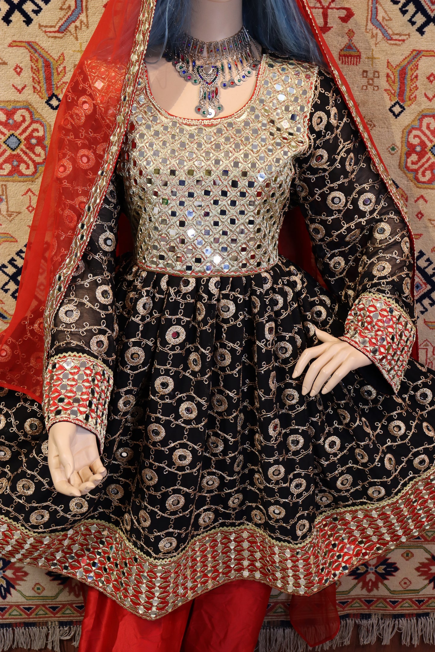 Black Gold and Red Jarjet New Women Afghan Dress #2030