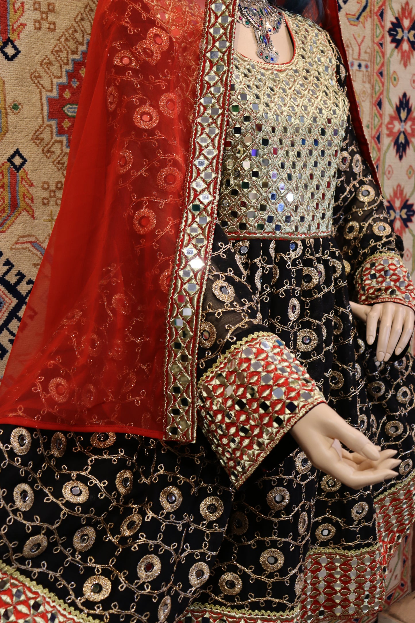 Black Gold and Red Jarjet New Women Afghan Dress #2030