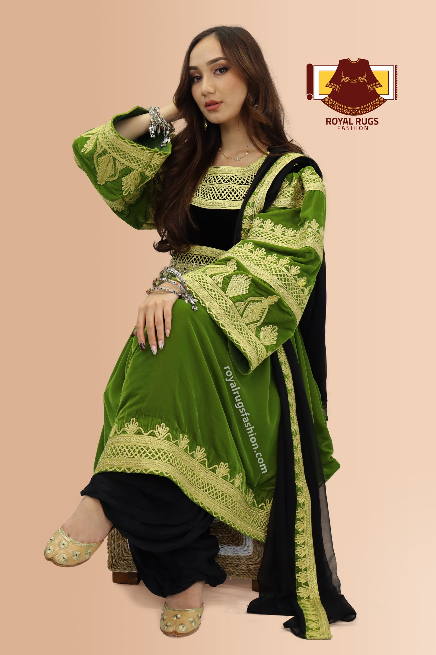 Green And Black Velvet Gand E Afghani With Handmade Yellow Chirma #2010