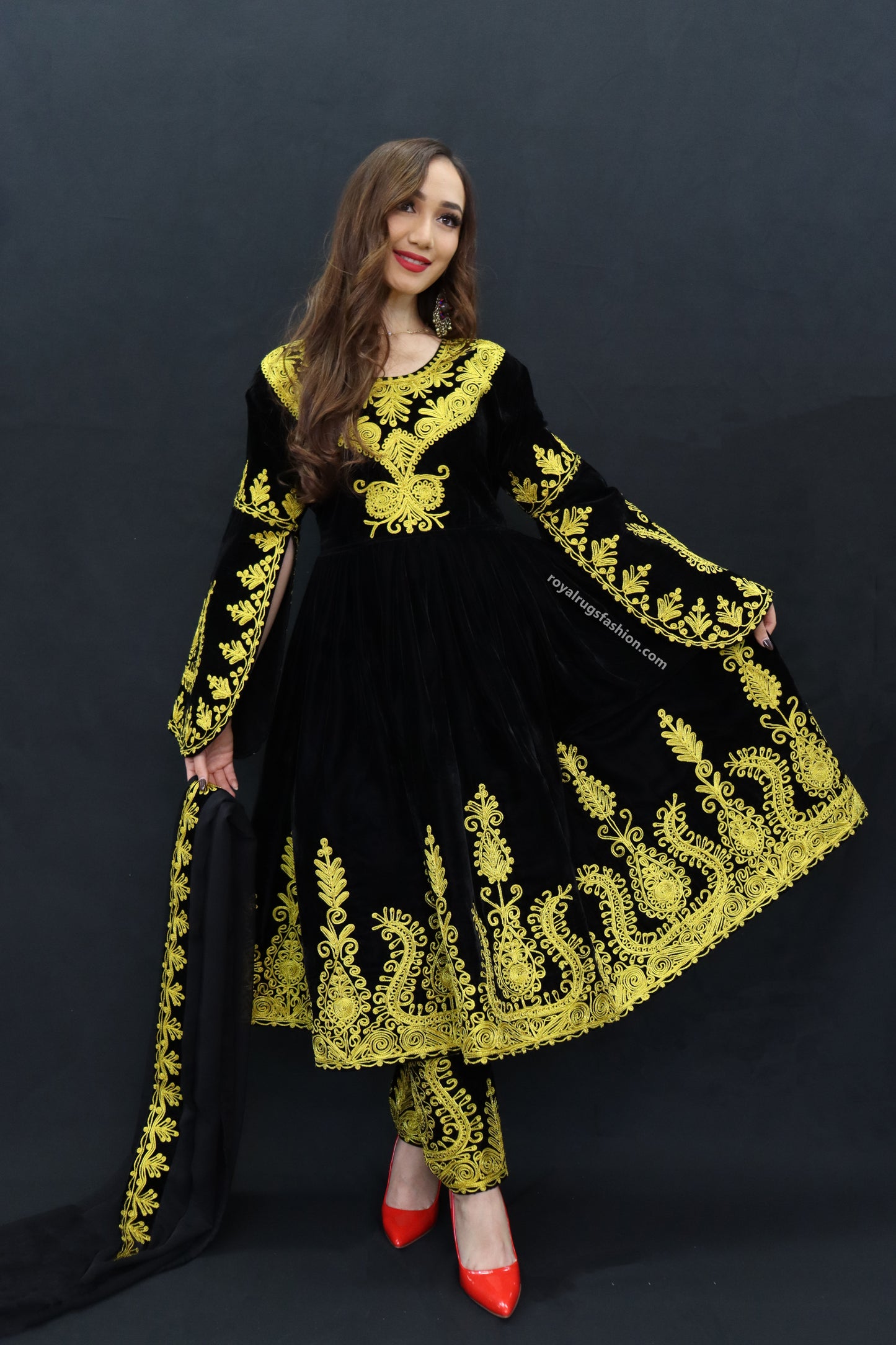 Black Velvet Gand E Afghani With Handmade Yellow Chirma #2007