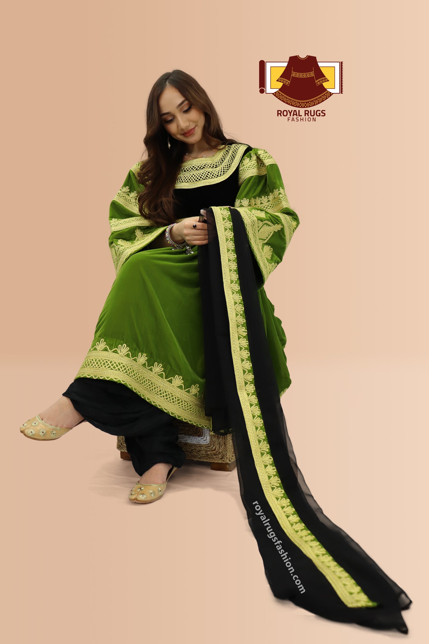 Green And Black Velvet Gand E Afghani With Handmade Yellow Chirma #2010