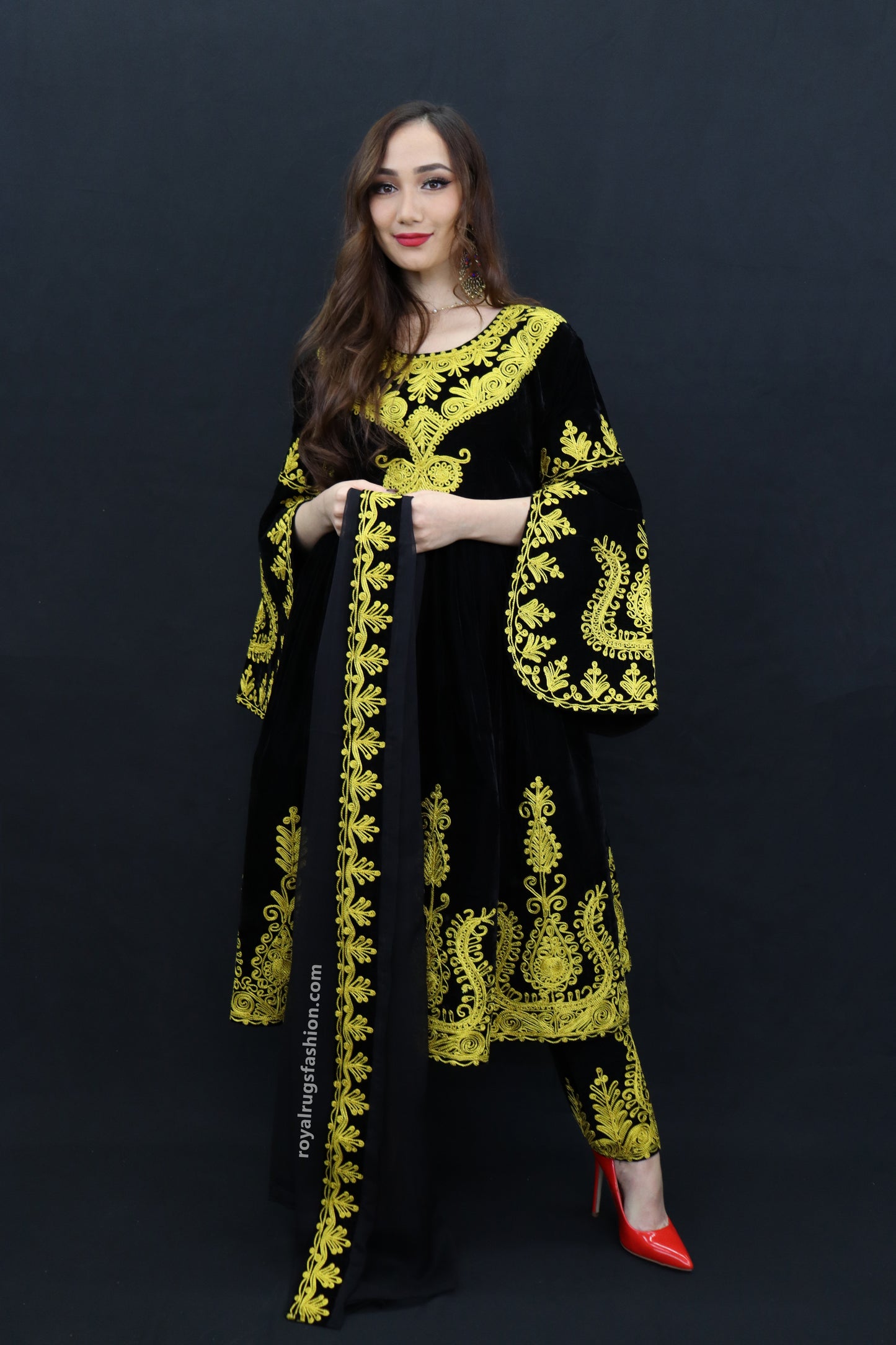 Black Velvet Gand E Afghani With Handmade Yellow Chirma #2007