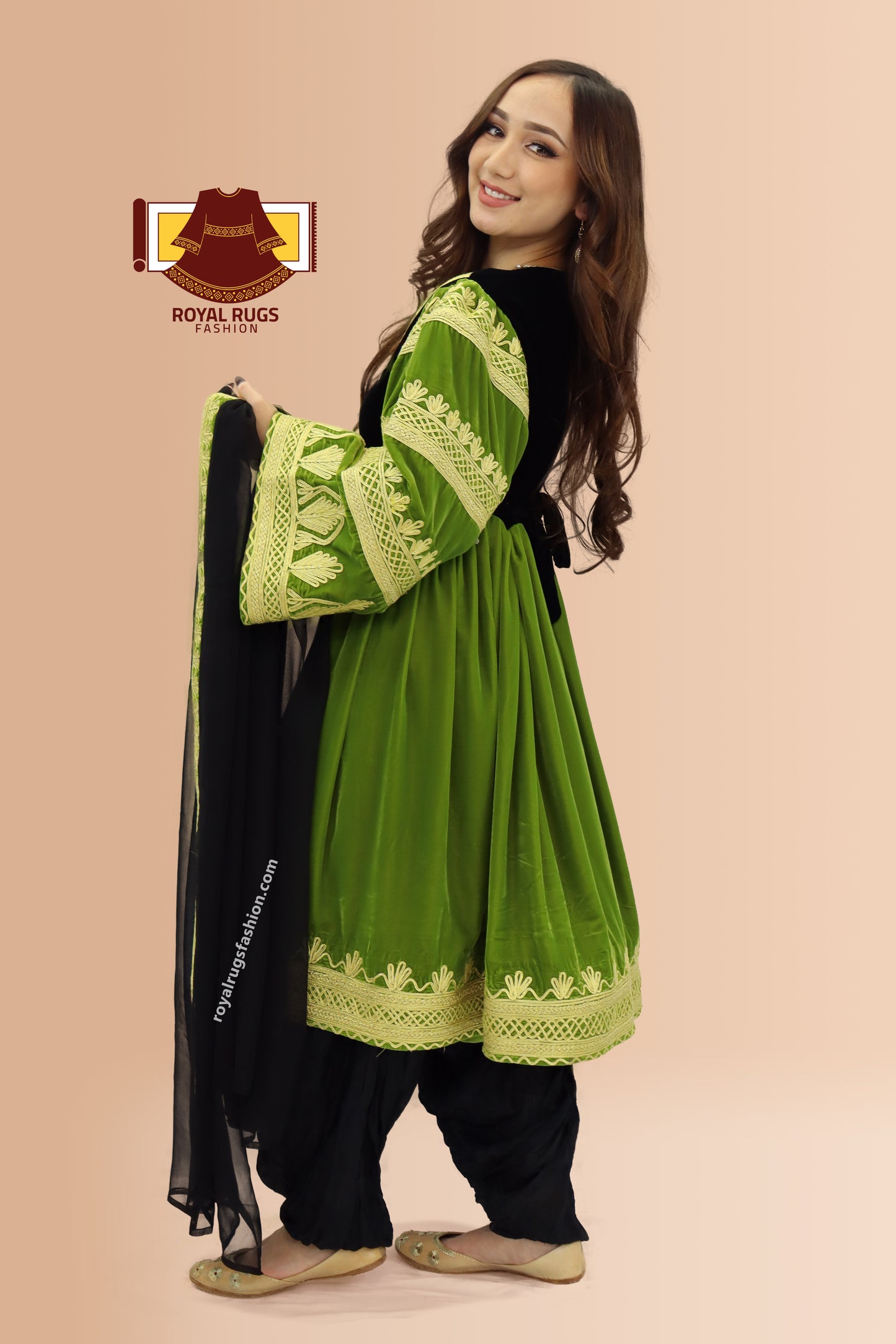 Green And Black Velvet Gand E Afghani With Handmade Yellow Chirma #2010