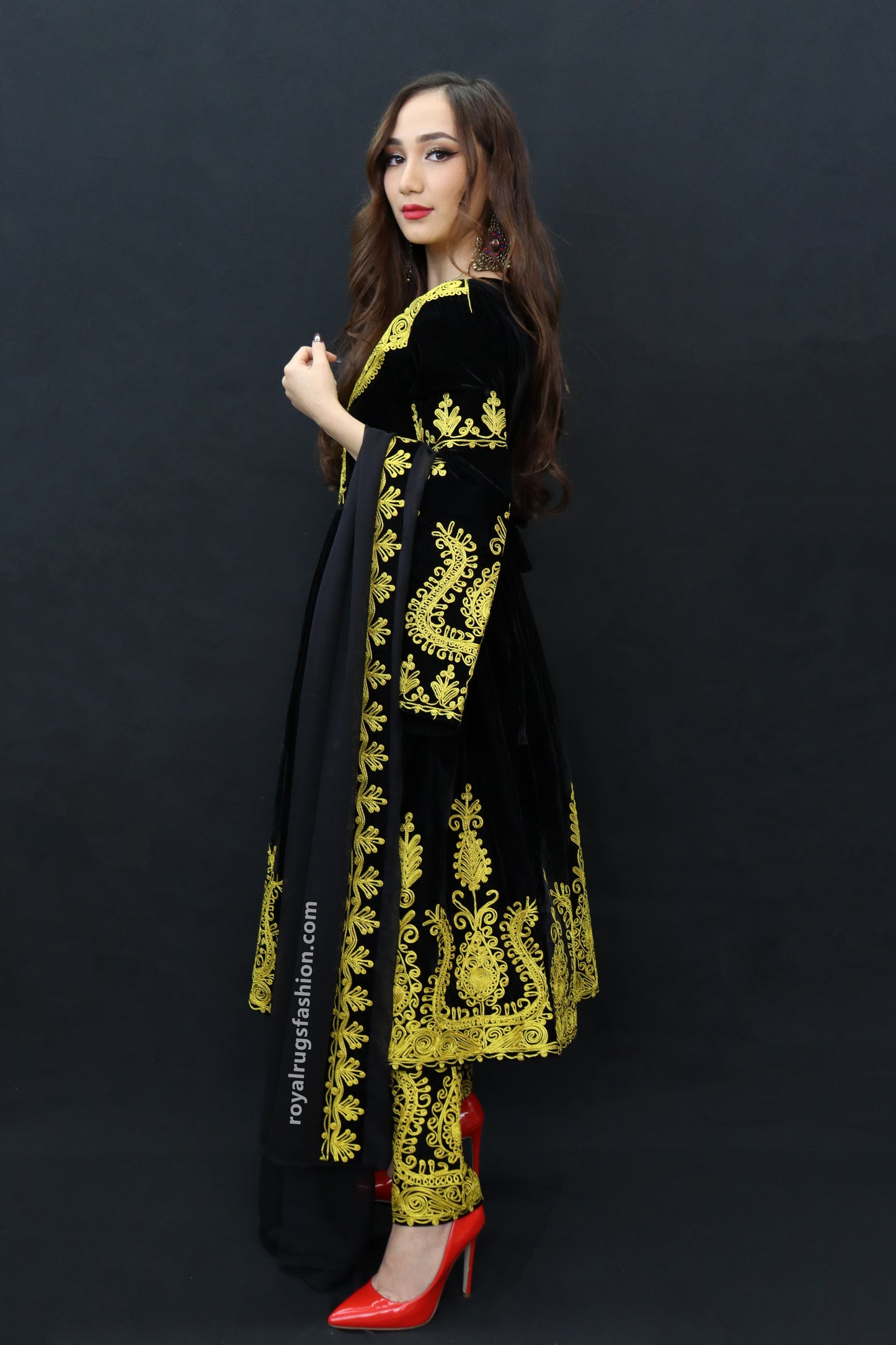 Black Velvet Gand E Afghani With Handmade Yellow Chirma #2007