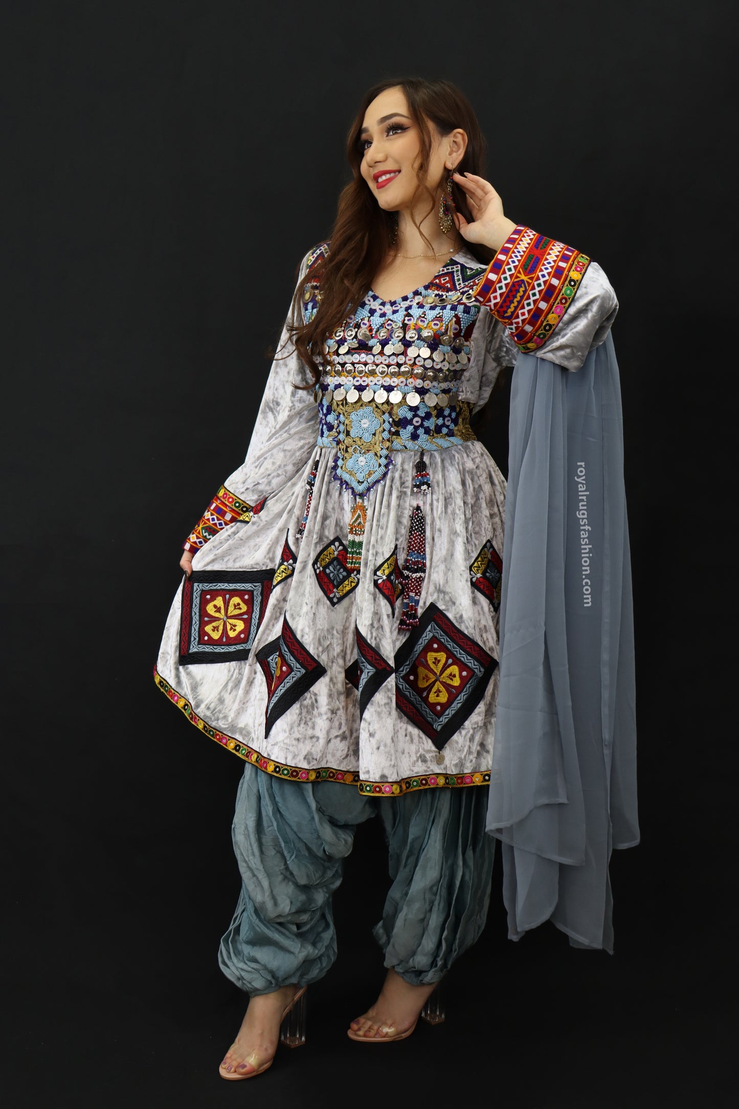 Afghani Gray Gand E Afghani Handmade Afghan Women Dress #2019