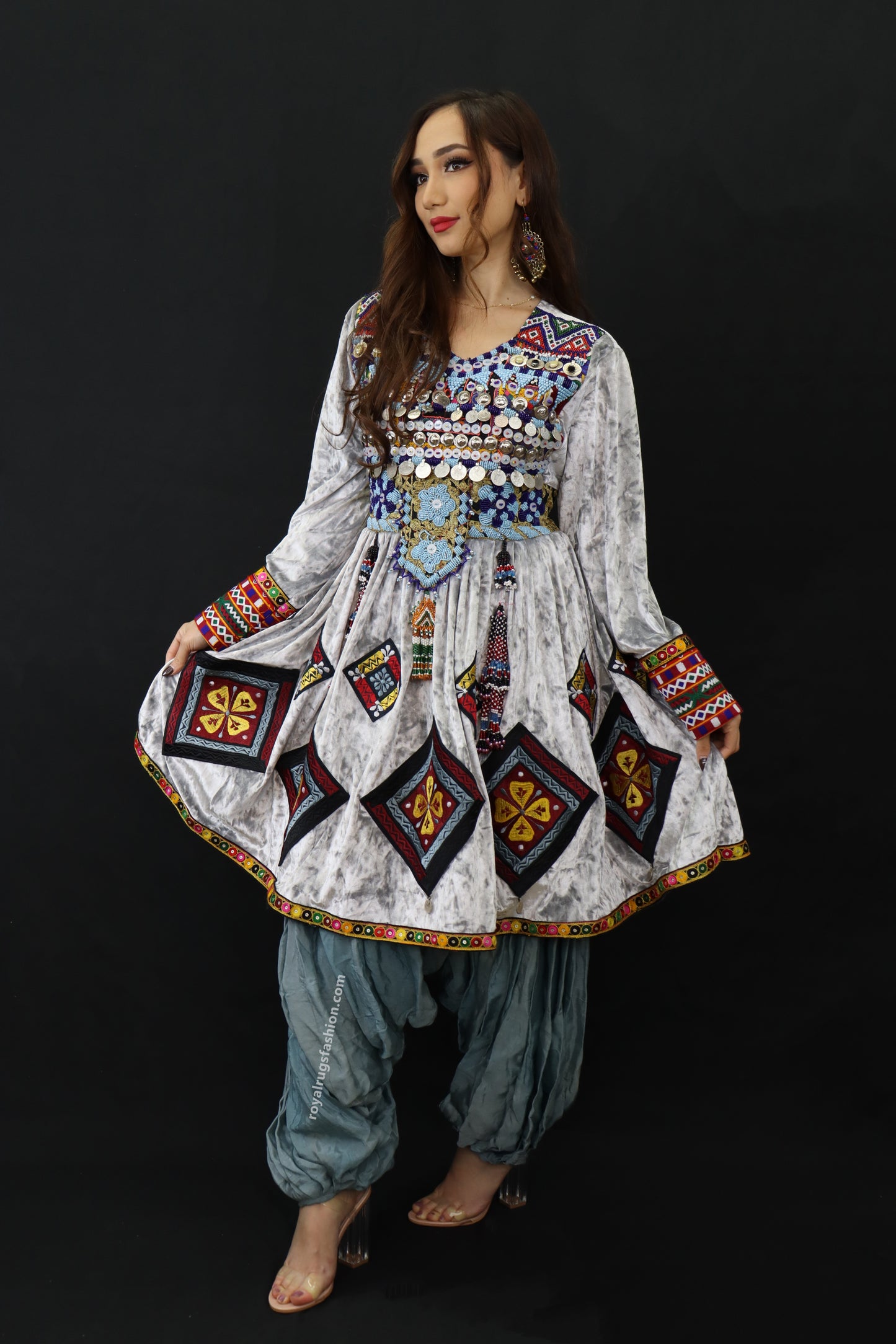 Afghani Gray Gand E Afghani Handmade Afghan Women Dress #2019