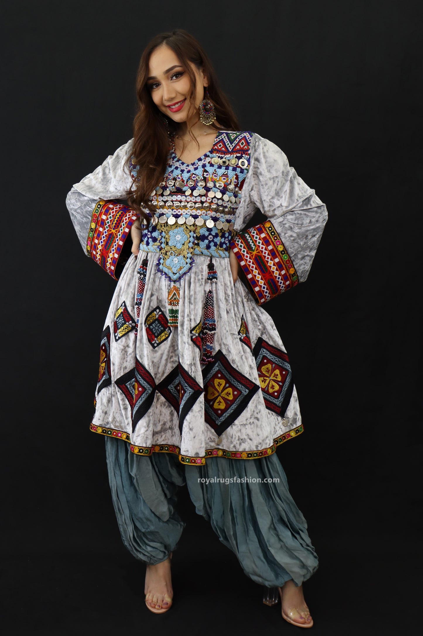 Afghani Gray Gand E Afghani Handmade Afghan Women Dress #2019