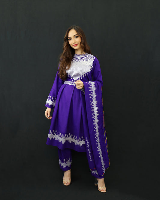 Afghani Hazaragi Dress with White Gull Duzi and Purple Color Cotton