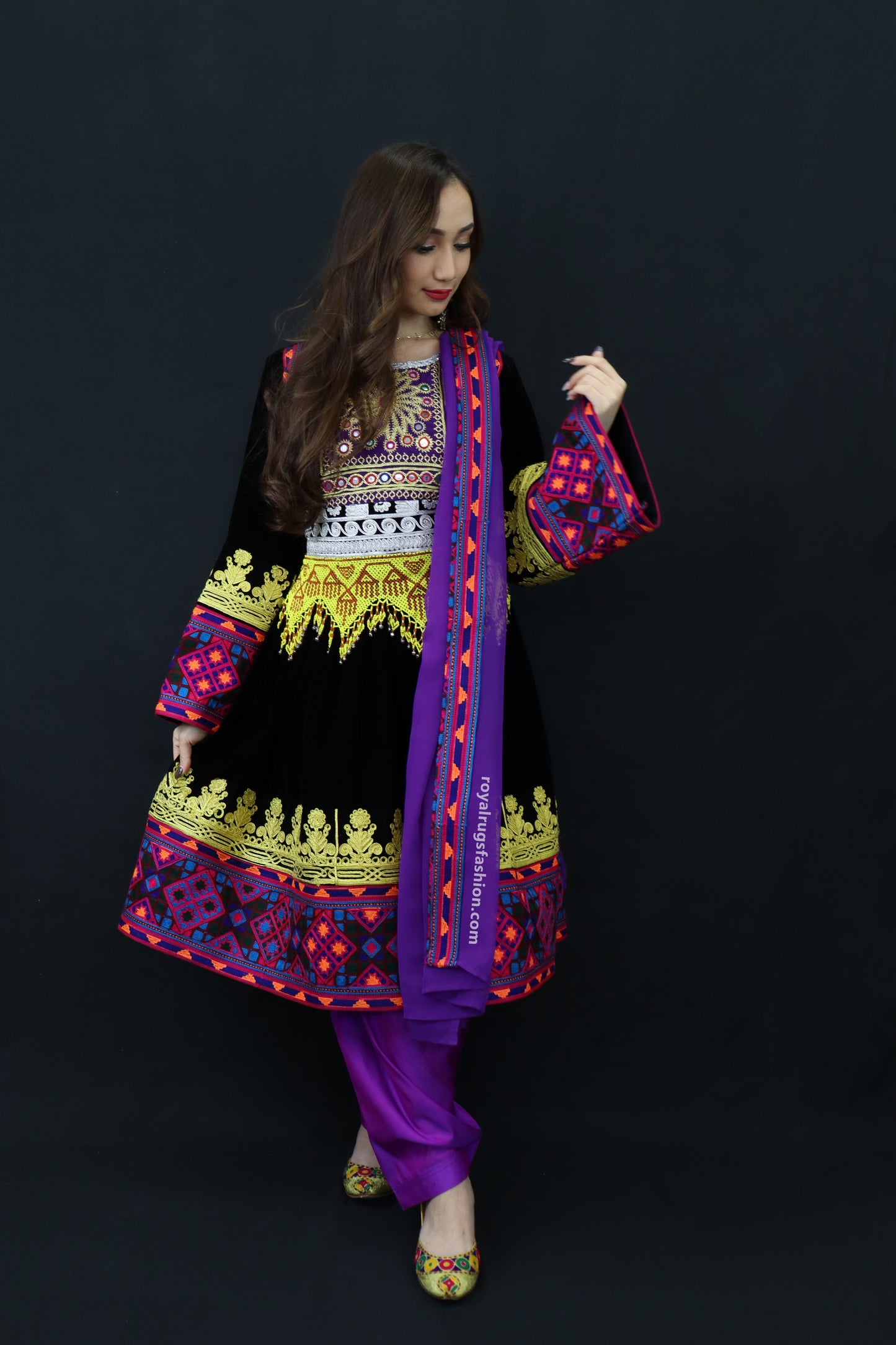 Purple And Black Velvet Gand E Afghani With Handmade Yellow Chirma #2008