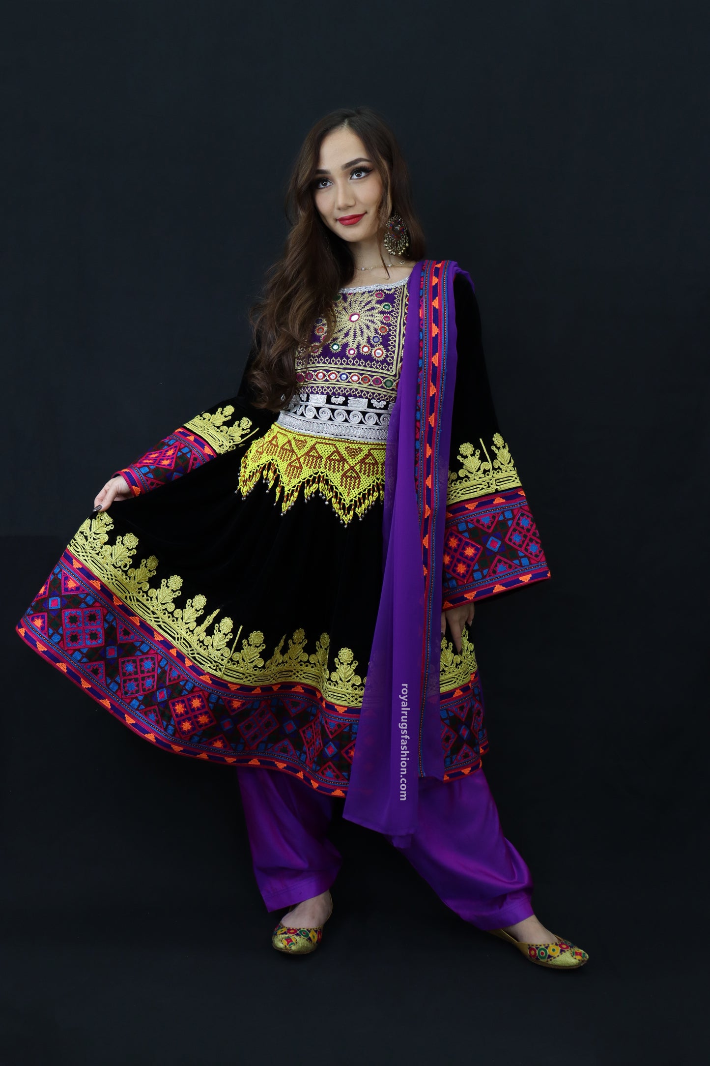 Purple And Black Velvet Gand E Afghani With Handmade Yellow Chirma #2008