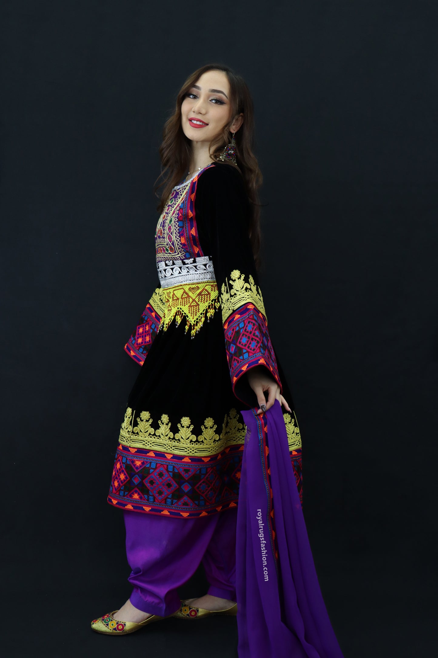 Purple And Black Velvet Gand E Afghani With Handmade Yellow Chirma #2008