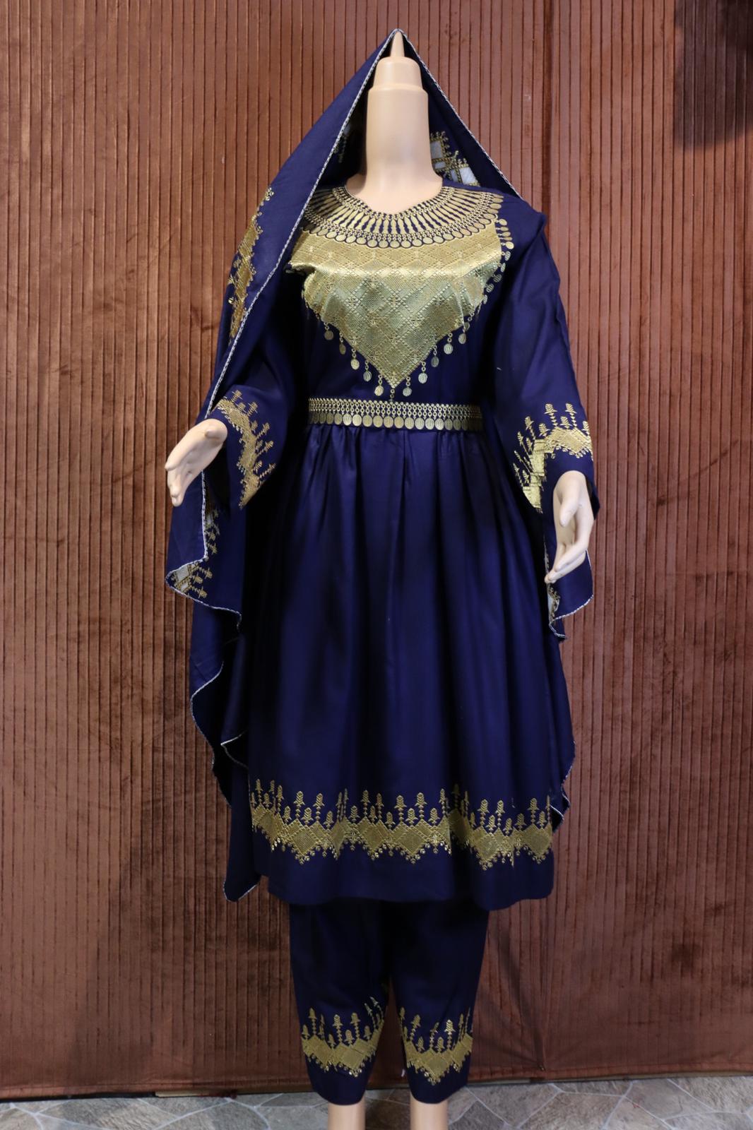 Afghani Hazaragi Dress with Yellow Gull Duzi and Navy Color Cotton