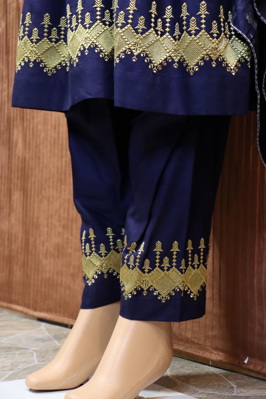 Afghani Hazaragi Dress with Yellow Gull Duzi and Navy Color Cotton