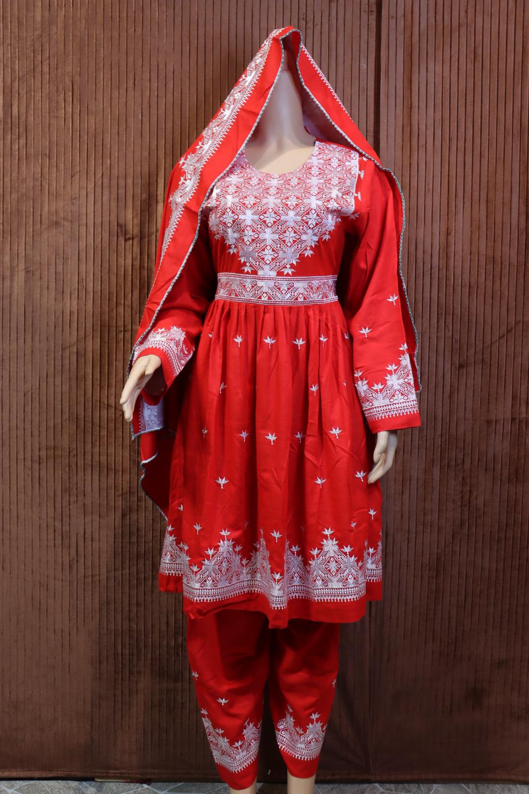 Afghani Hazaragi Dress with White Gull Duzi and Red Color Cotton