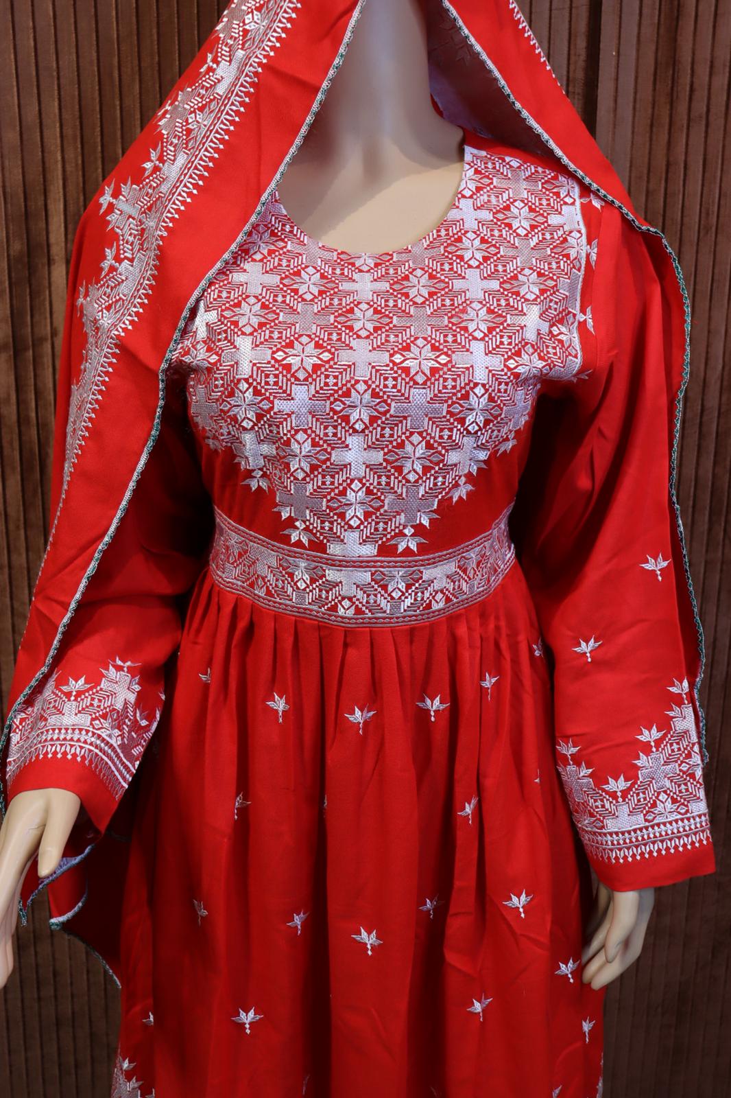 Afghani Hazaragi Dress with White Gull Duzi and Red Color Cotton