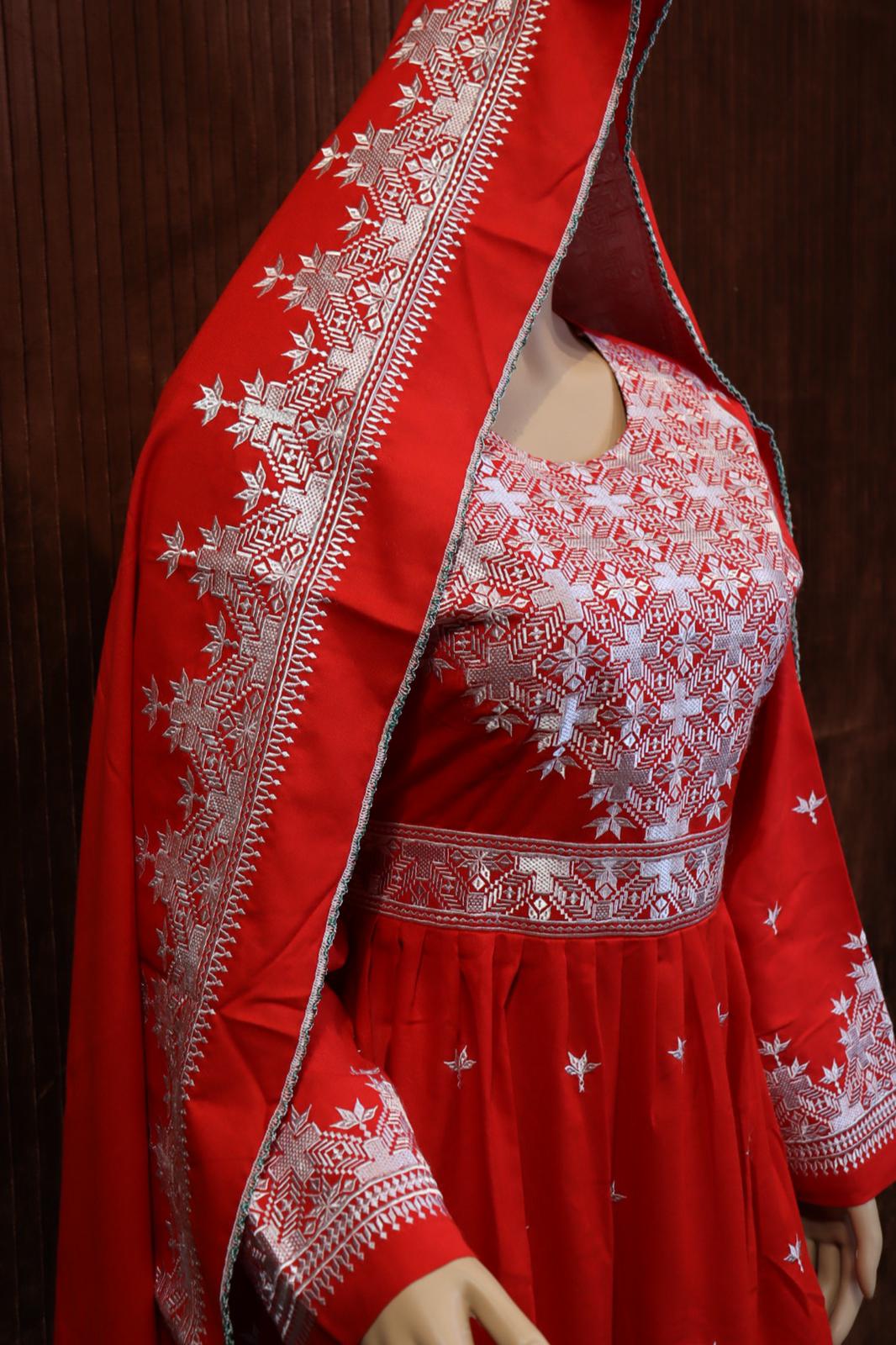 Afghani Hazaragi Dress with White Gull Duzi and Red Color Cotton