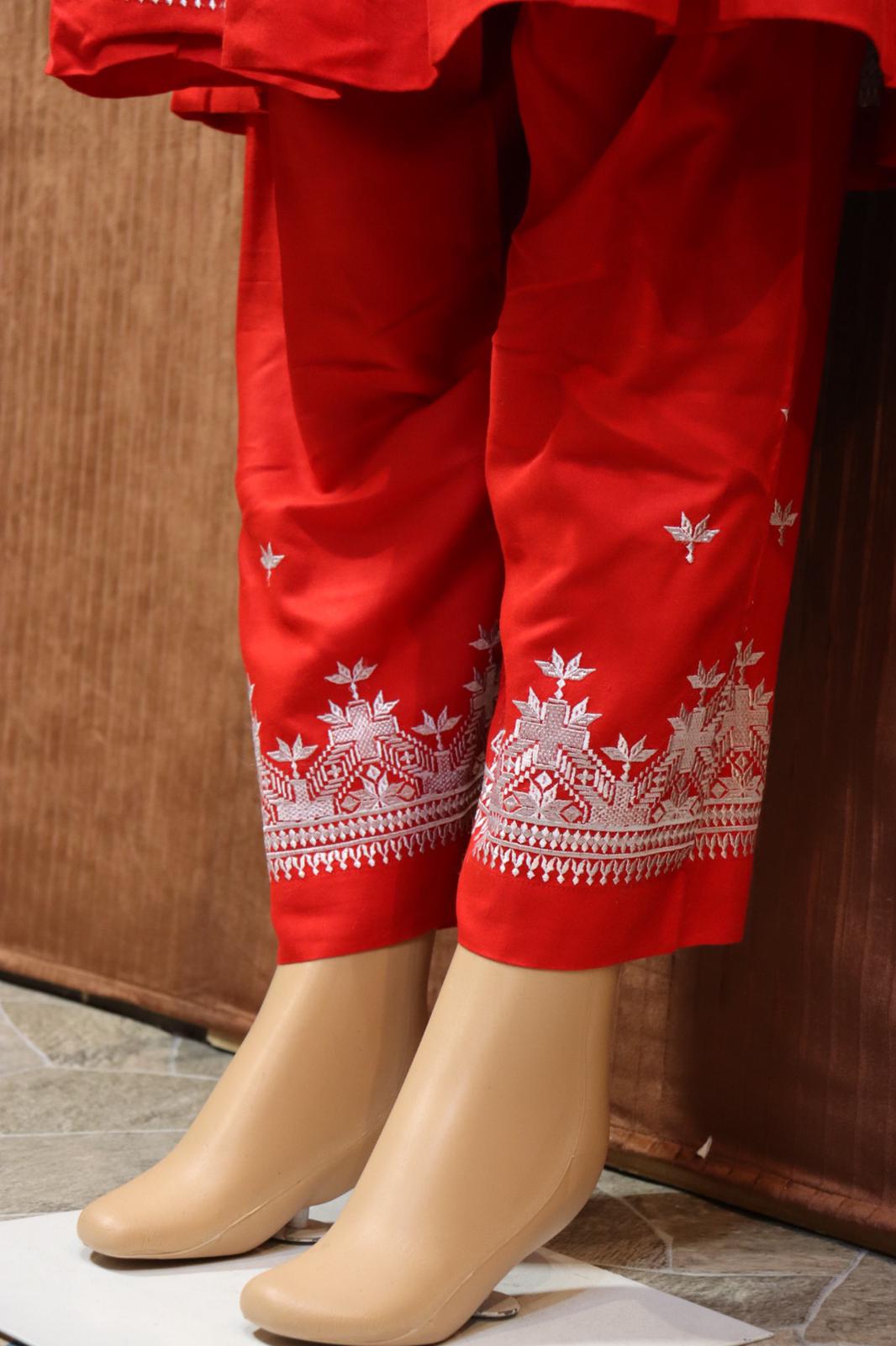 Afghani Hazaragi Dress with White Gull Duzi and Red Color Cotton