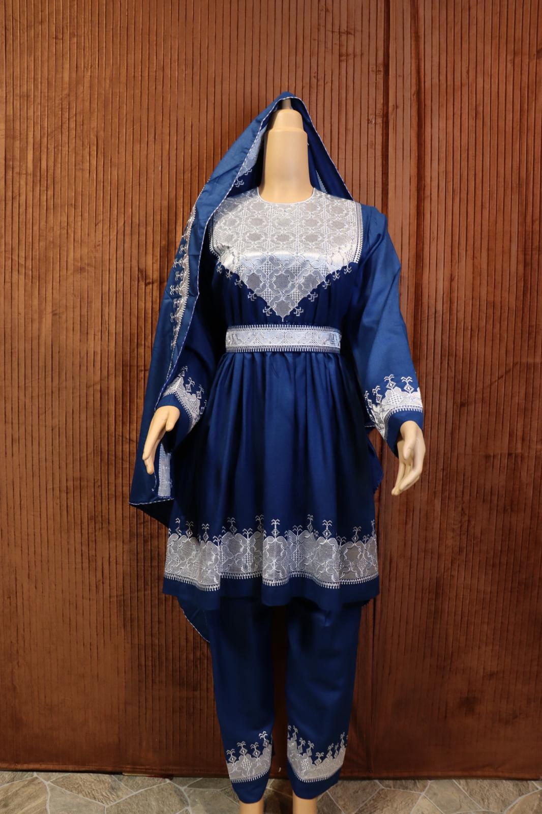 Afghani Hazaragi Dress with White Gull Duzi and Blue Color Cotton