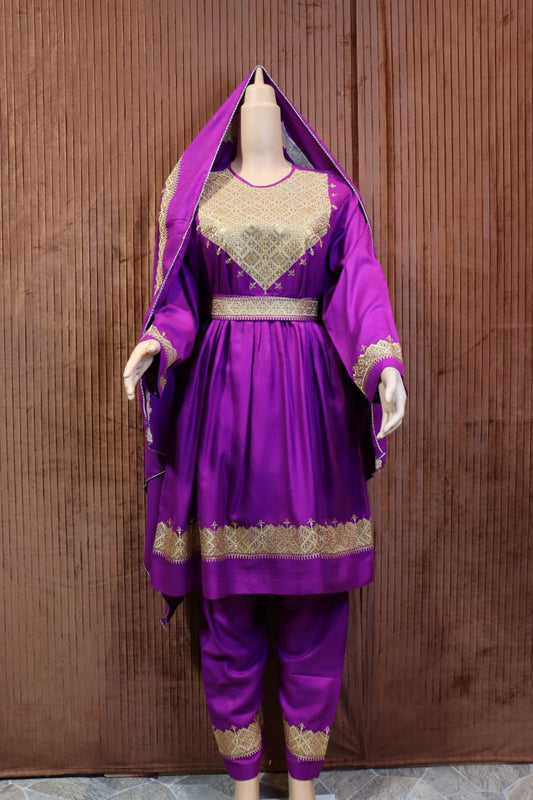 Afghani Hazaragi Dress with Gold Gull Duzi and Pick Color Cotton