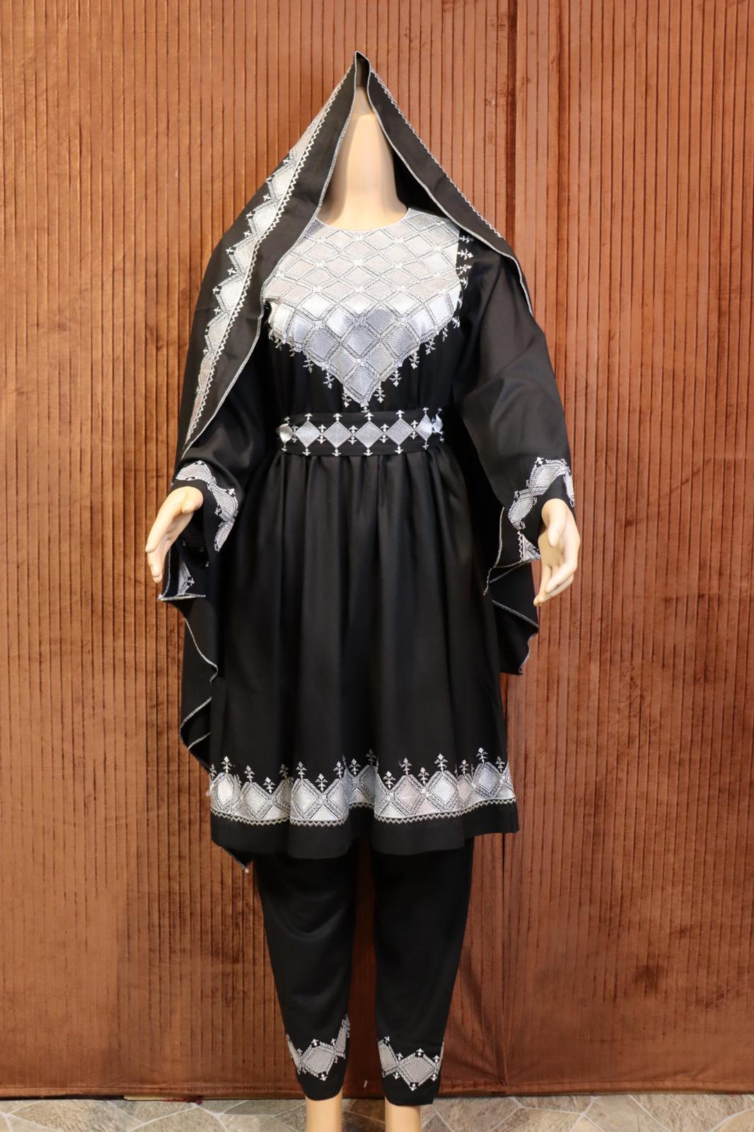 Afghani Hazaragi Dress with White Gull Duzi and Black Color Cotton