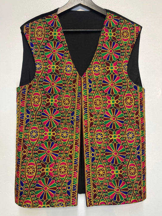 Afghan Traditional Men's Vest with Black Velvet And Multi Color Flower In the Front