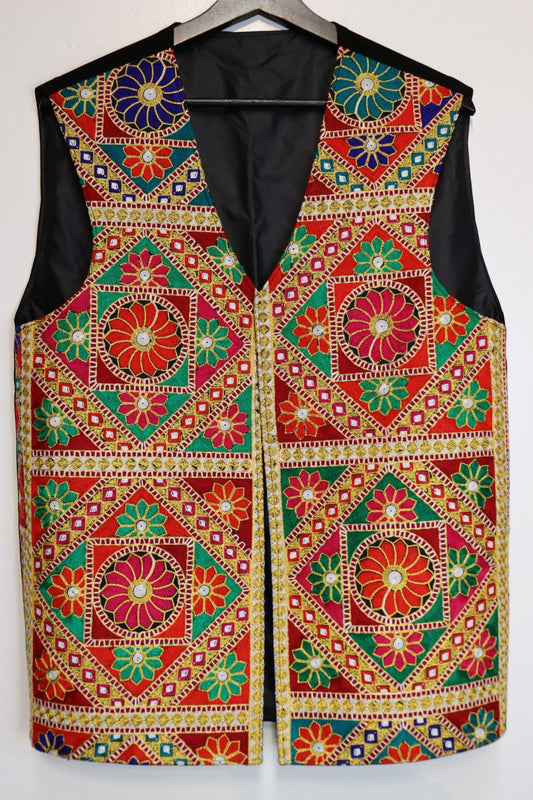 Afghan Traditional Men's Vest with Black Velvet And Multi Color Flower In the Front